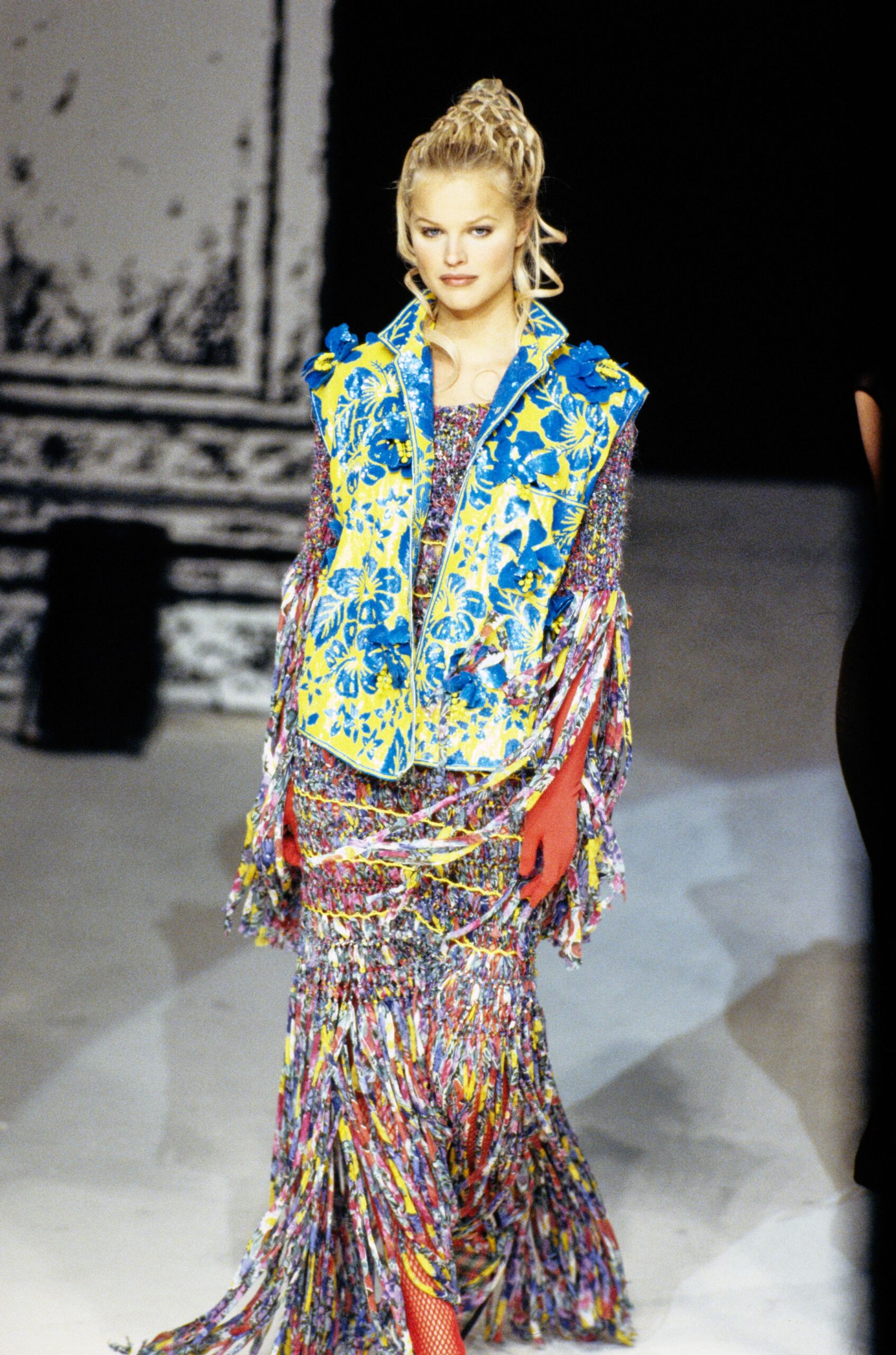 multi silk long-sleeve v-neck fitted layered fringed dress