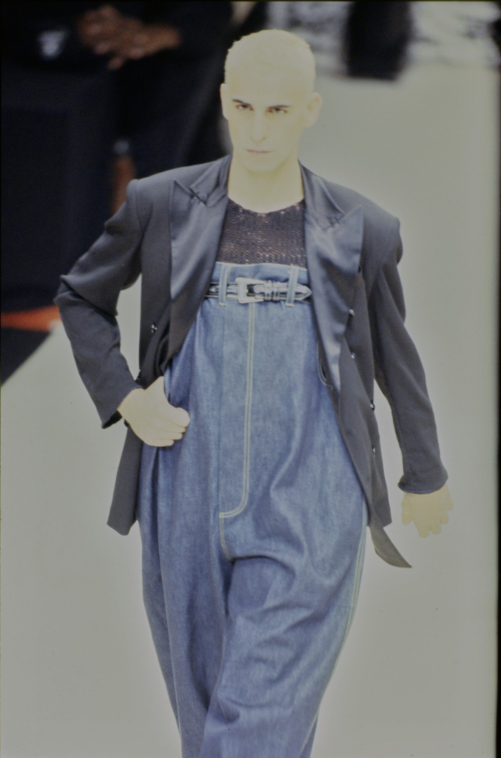 blue denim sleeveless relaxed wide-leg zippered jumpsuit