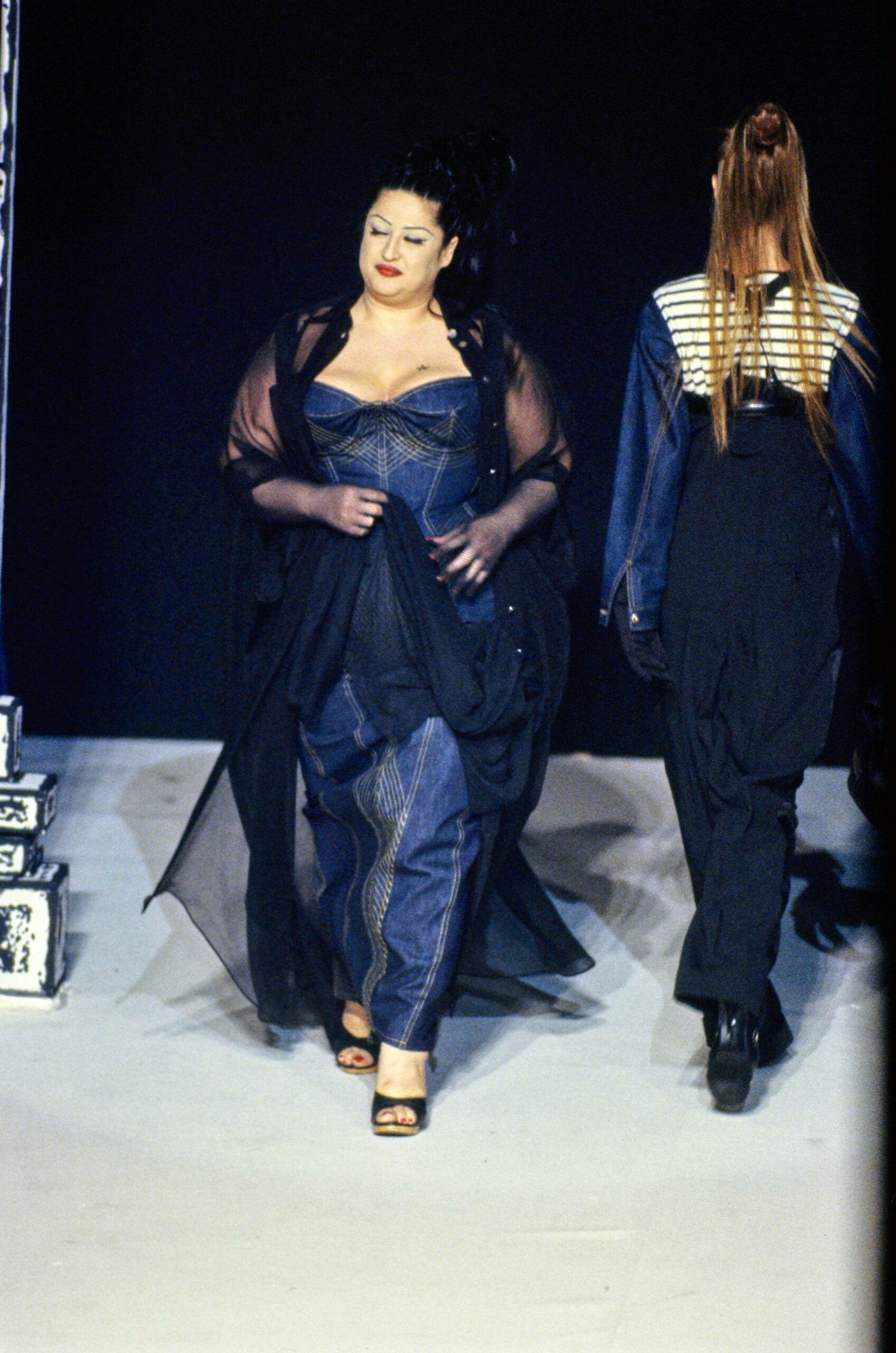 blue denim strapless fitted zippered maxi gown