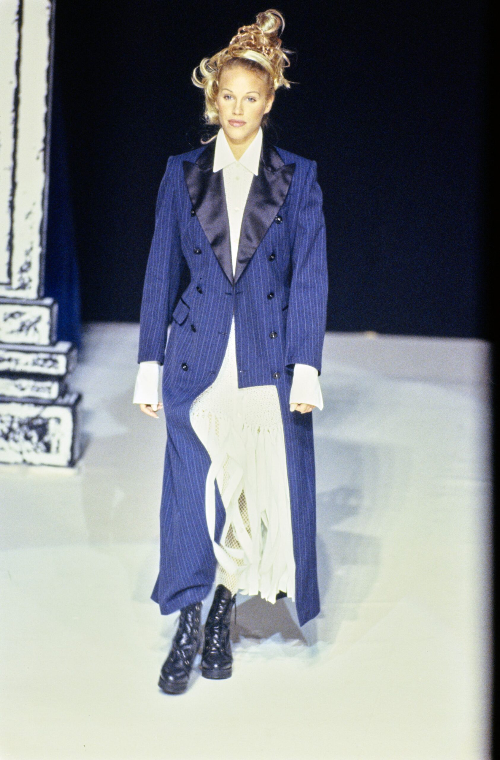 blue wool long-sleeve collared fitted striped maxi coat