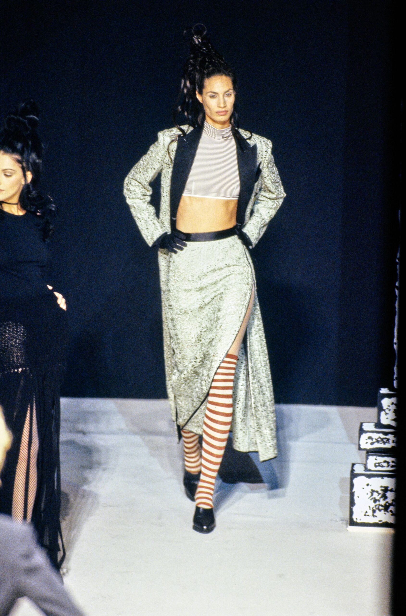 gray silk slit fitted high-waisted pleated midi skirt