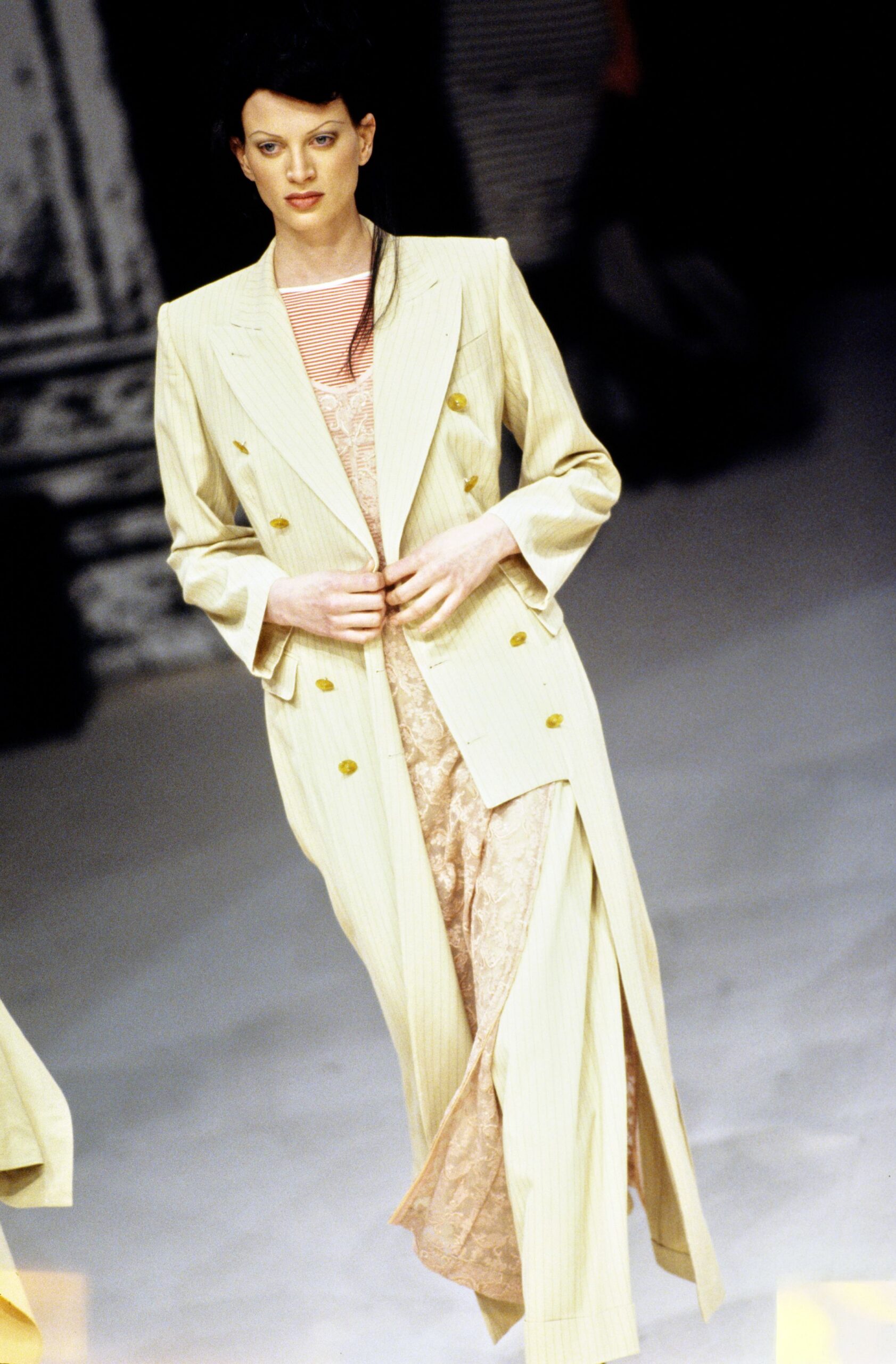 beige cotton long-sleeve collared tailored striped blazer