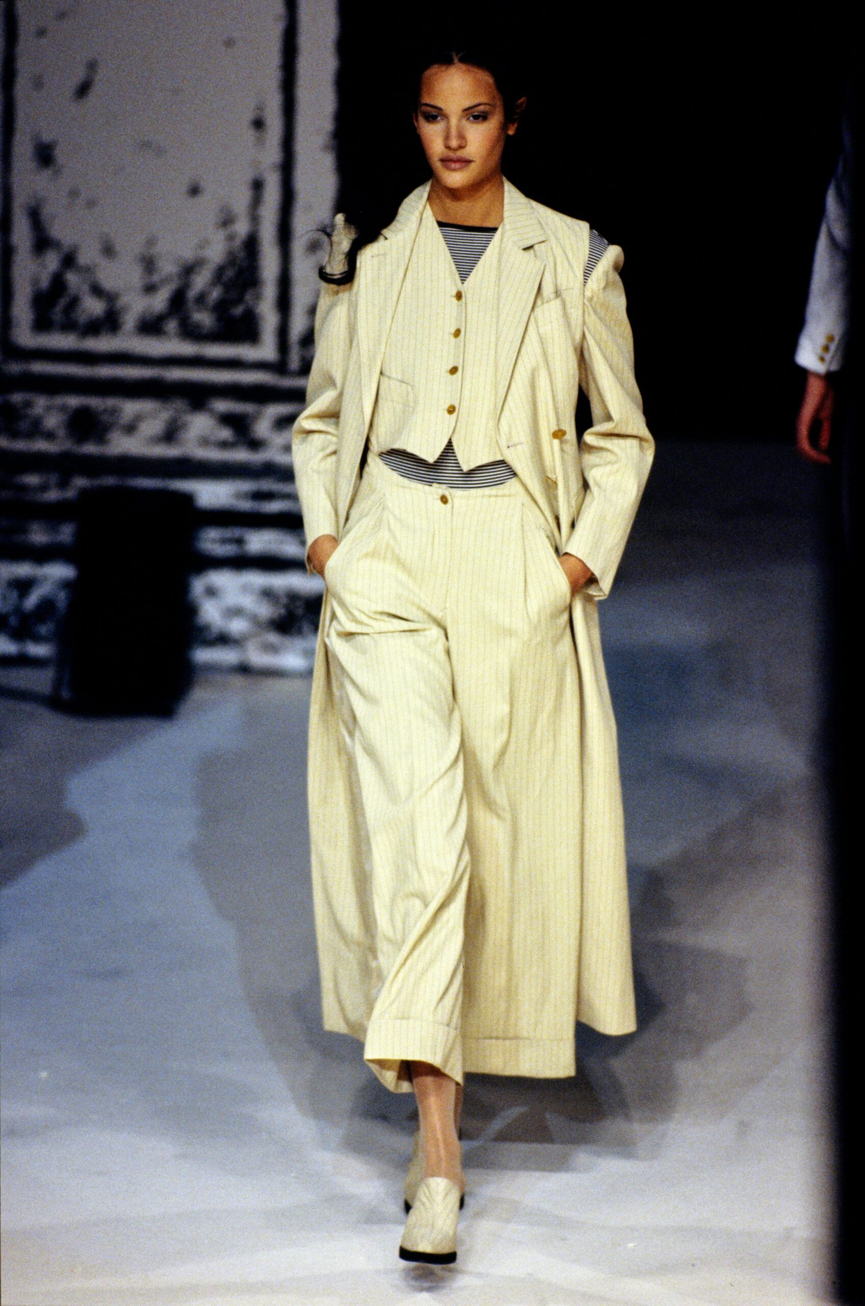 beige cotton long-sleeve collared tailored striped buttoned trench
