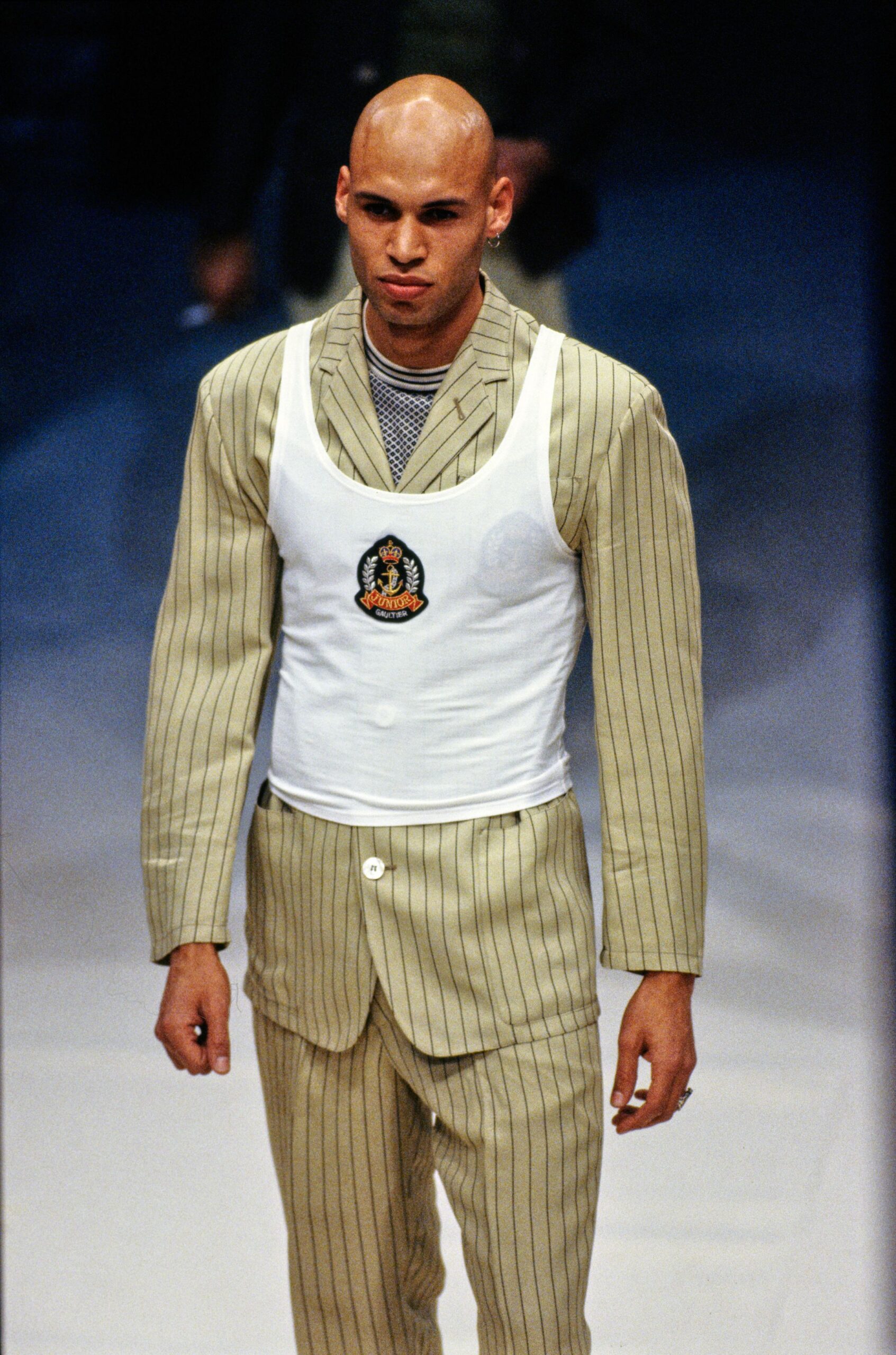beige cotton long-sleeve collared fitted striped buttoned suit