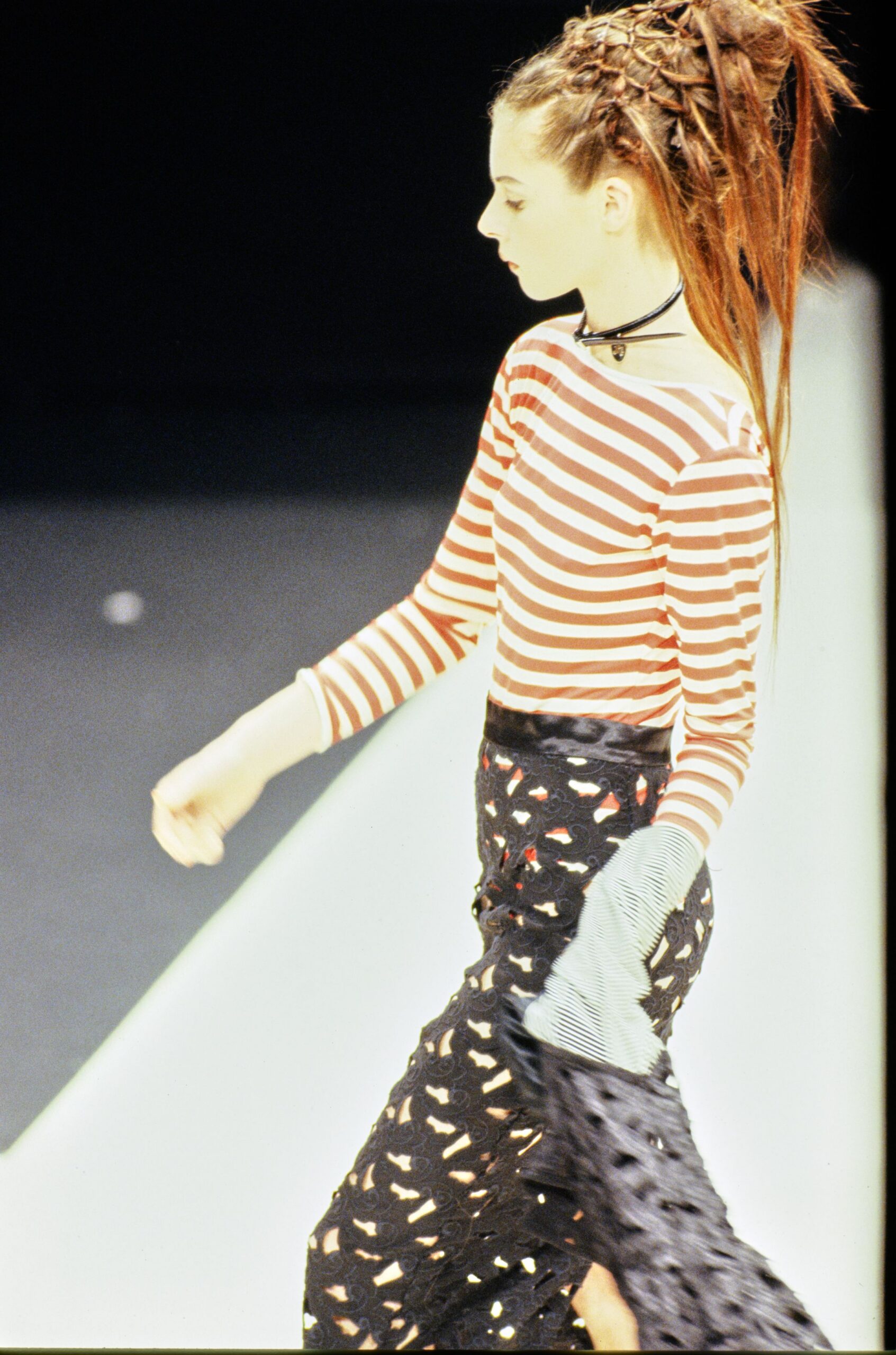 red cotton long-sleeve scoop-neck fitted striped top