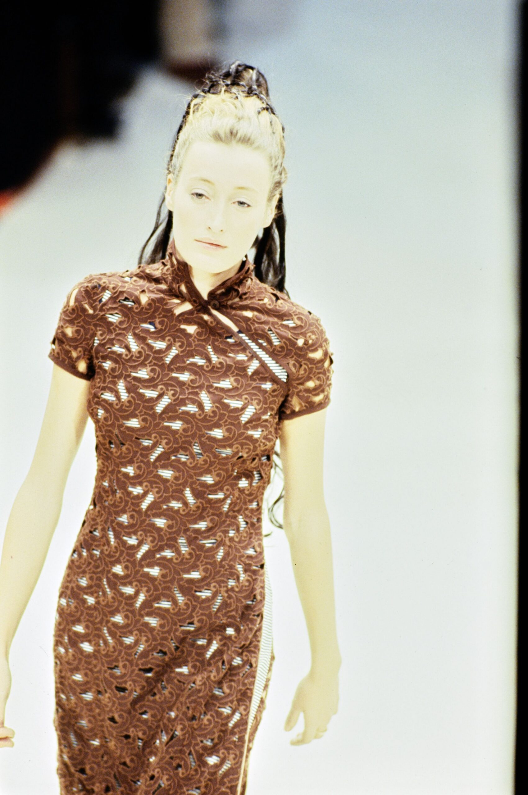 brown embroidered midi dress
