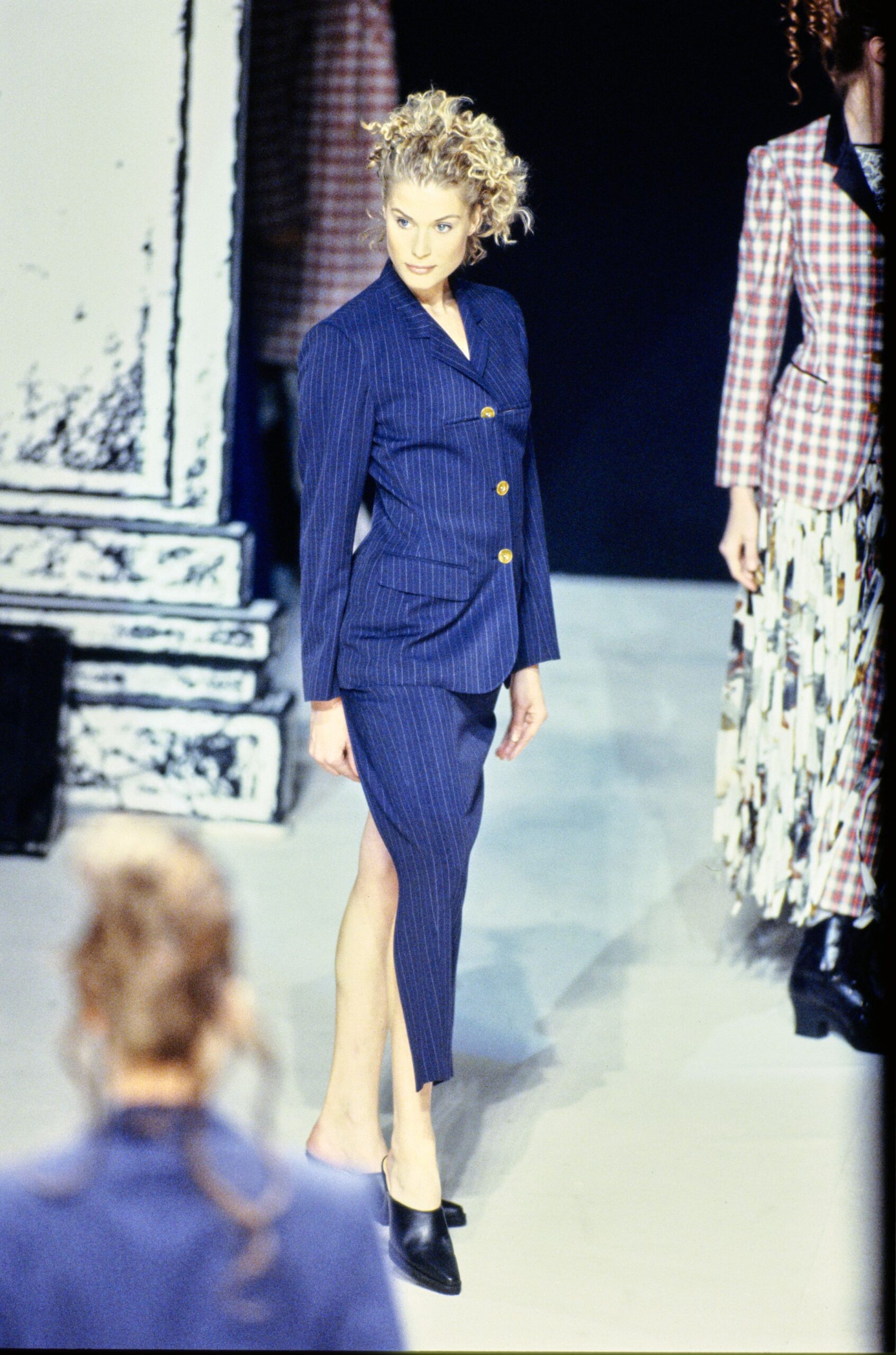 blue cotton long-sleeve collared tailored striped midi suit