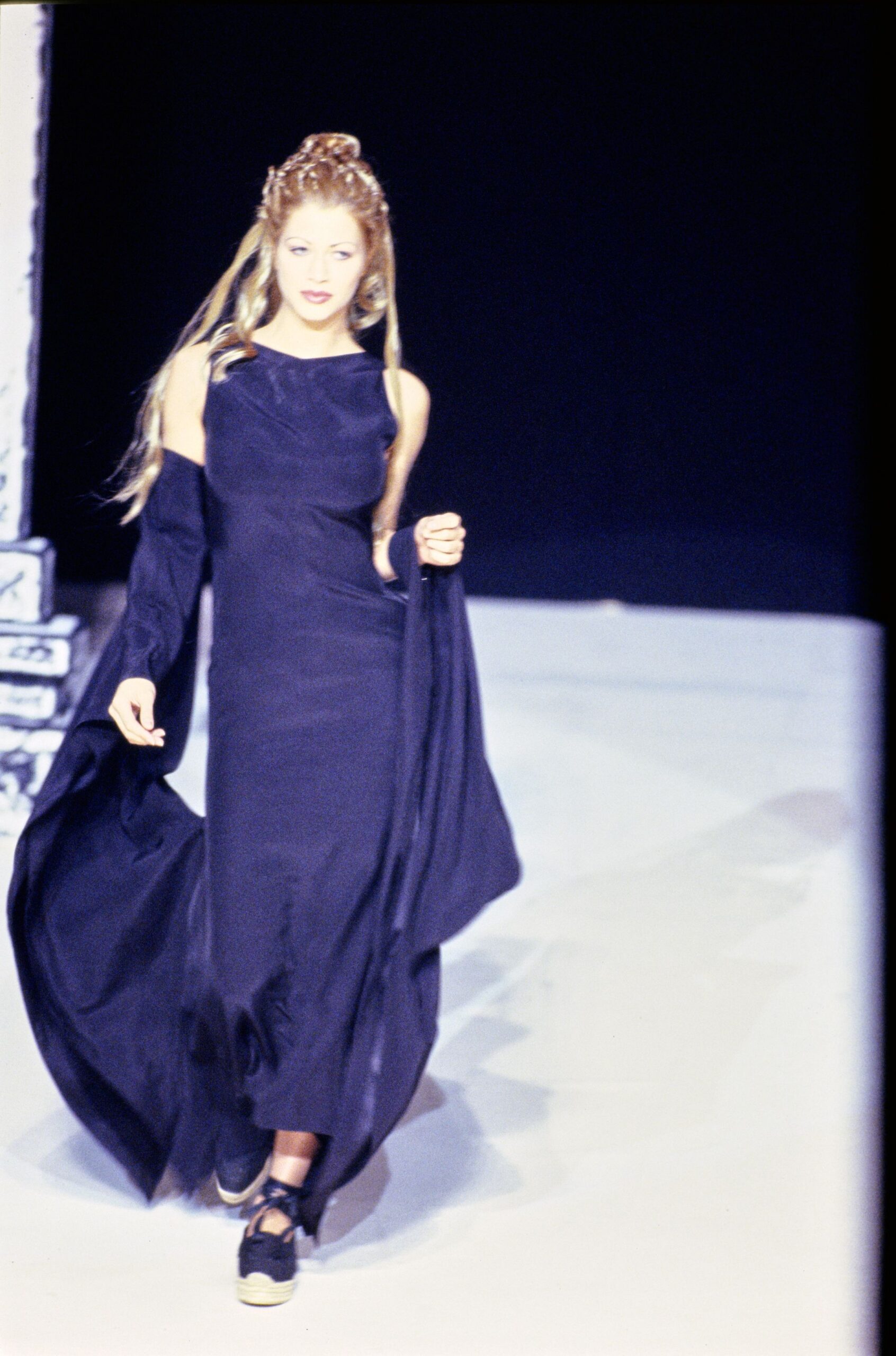 black silk sleeveless off-shoulder fitted draped flowing dress