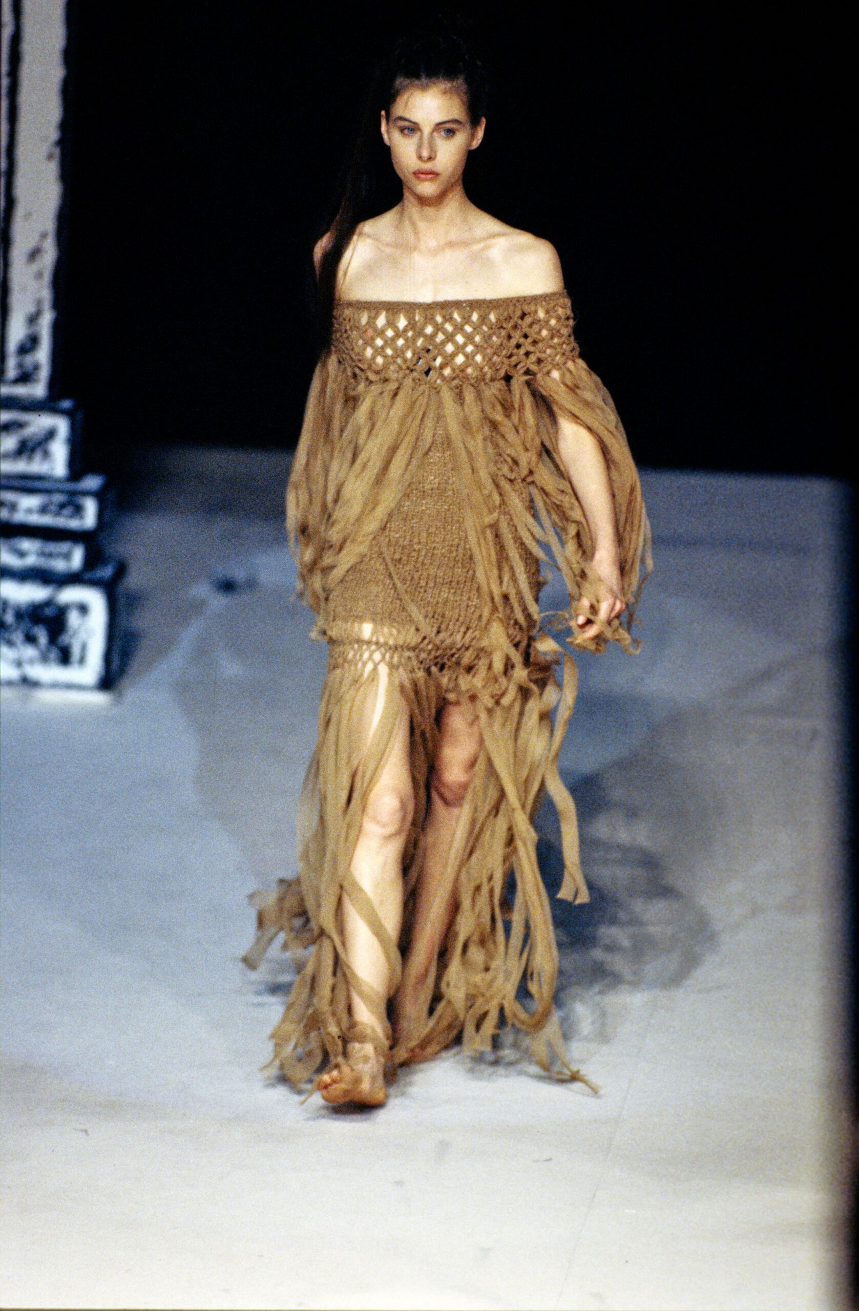 brown cotton off-shoulder relaxed fringed draped flowing gown