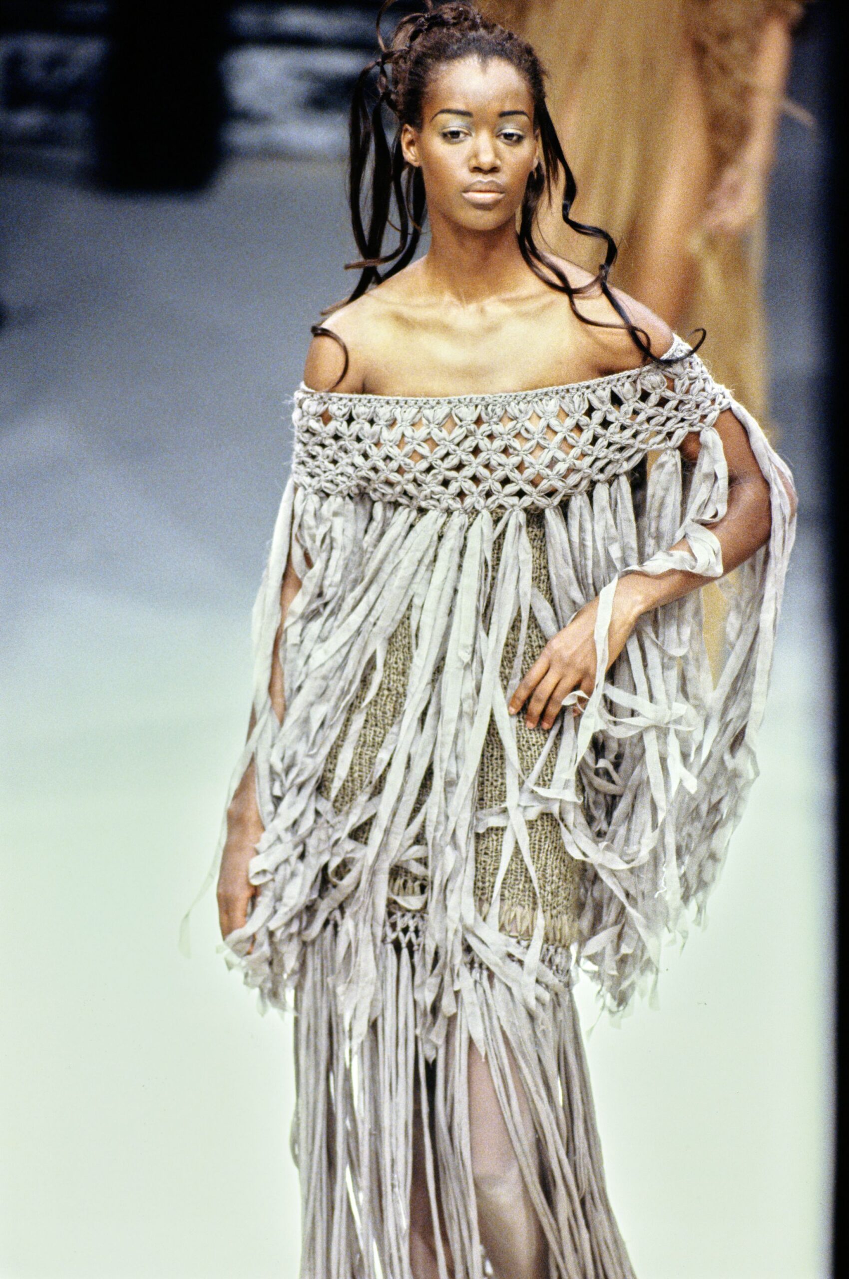 beige fringed off-shoulder dress