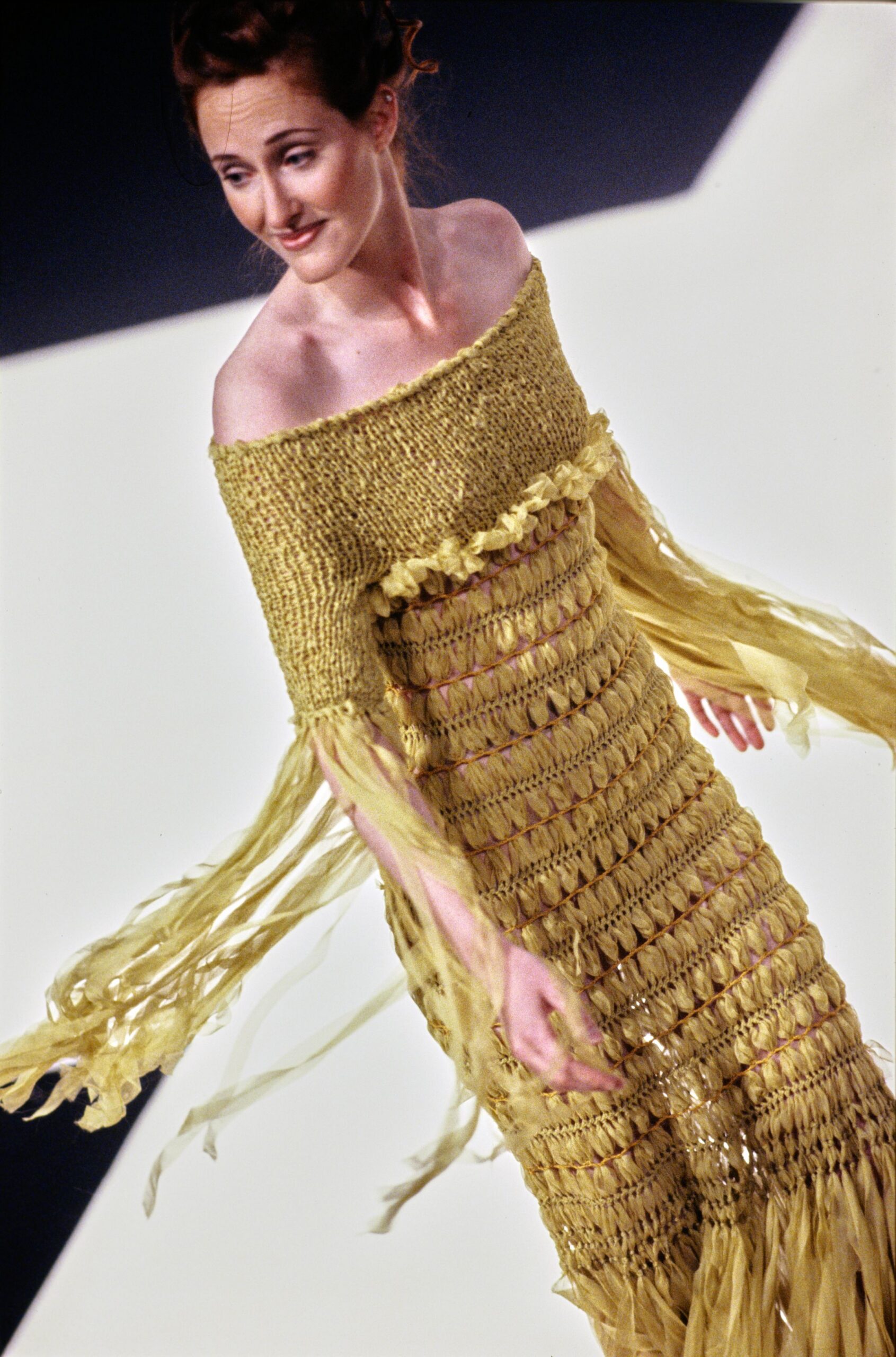 yellow off-shoulder crochet dress