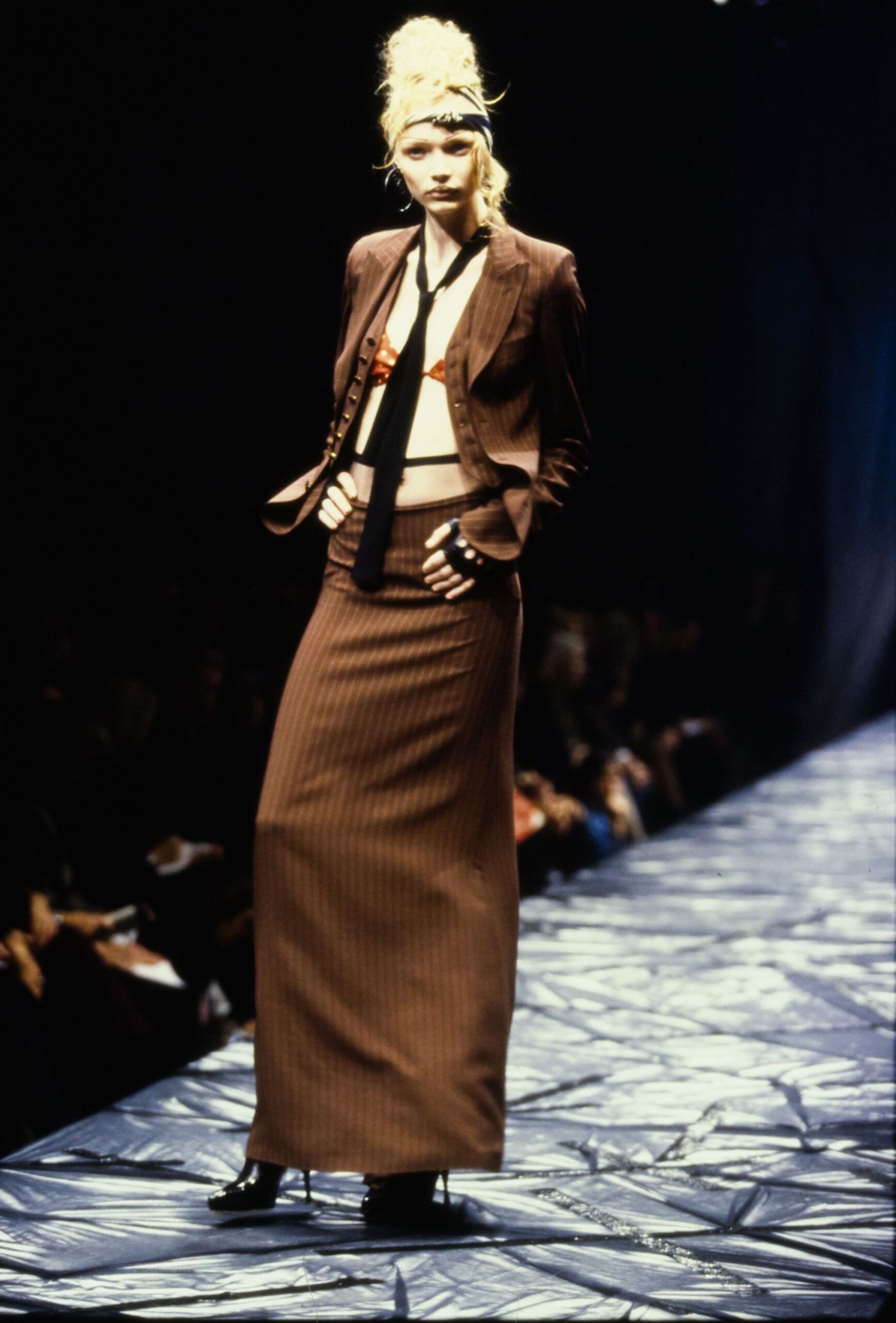 brown tailored blazer with black crop-top