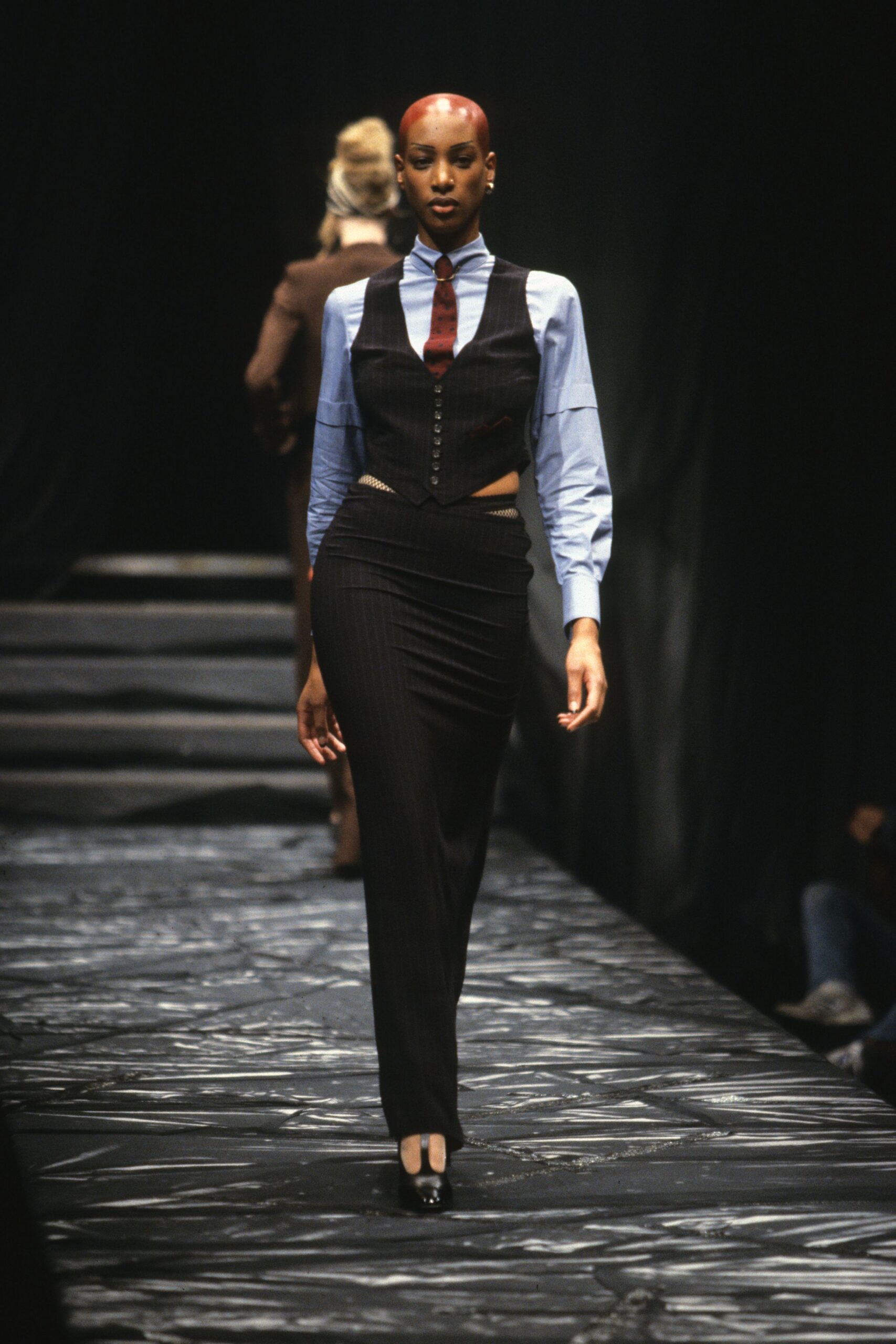 black wool vest blue shirt pencil skirt