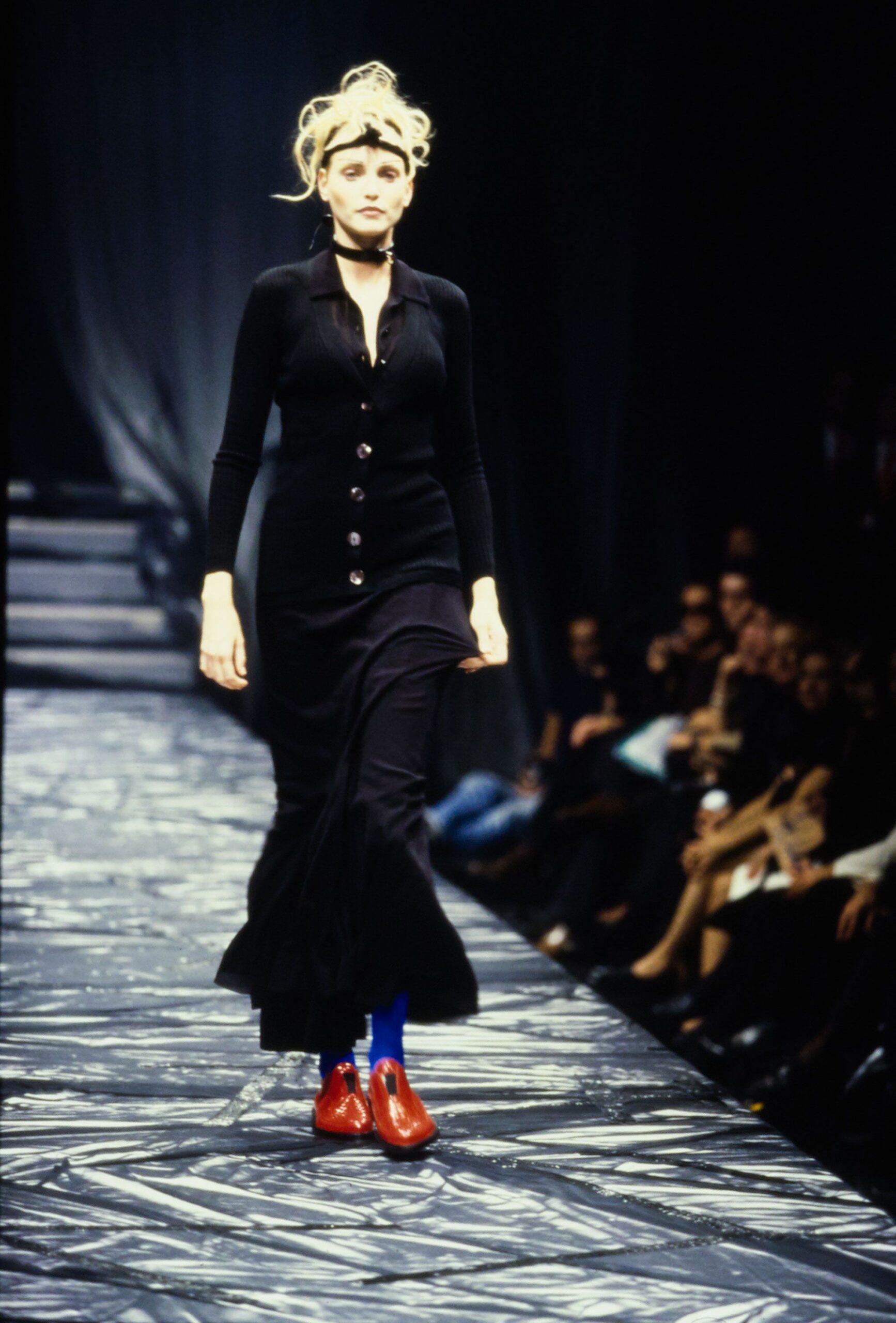 black fitted maxi dress with red shoes