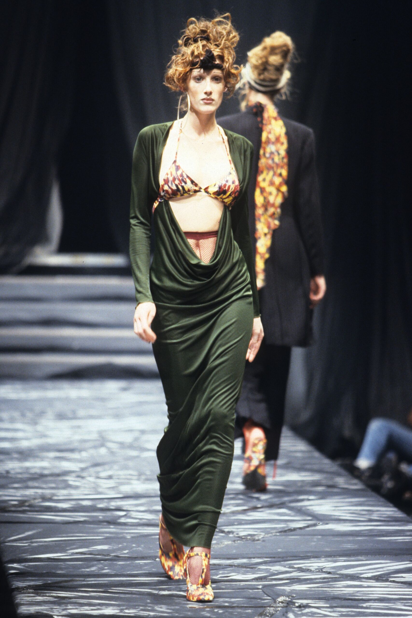 green silk gown with bikini