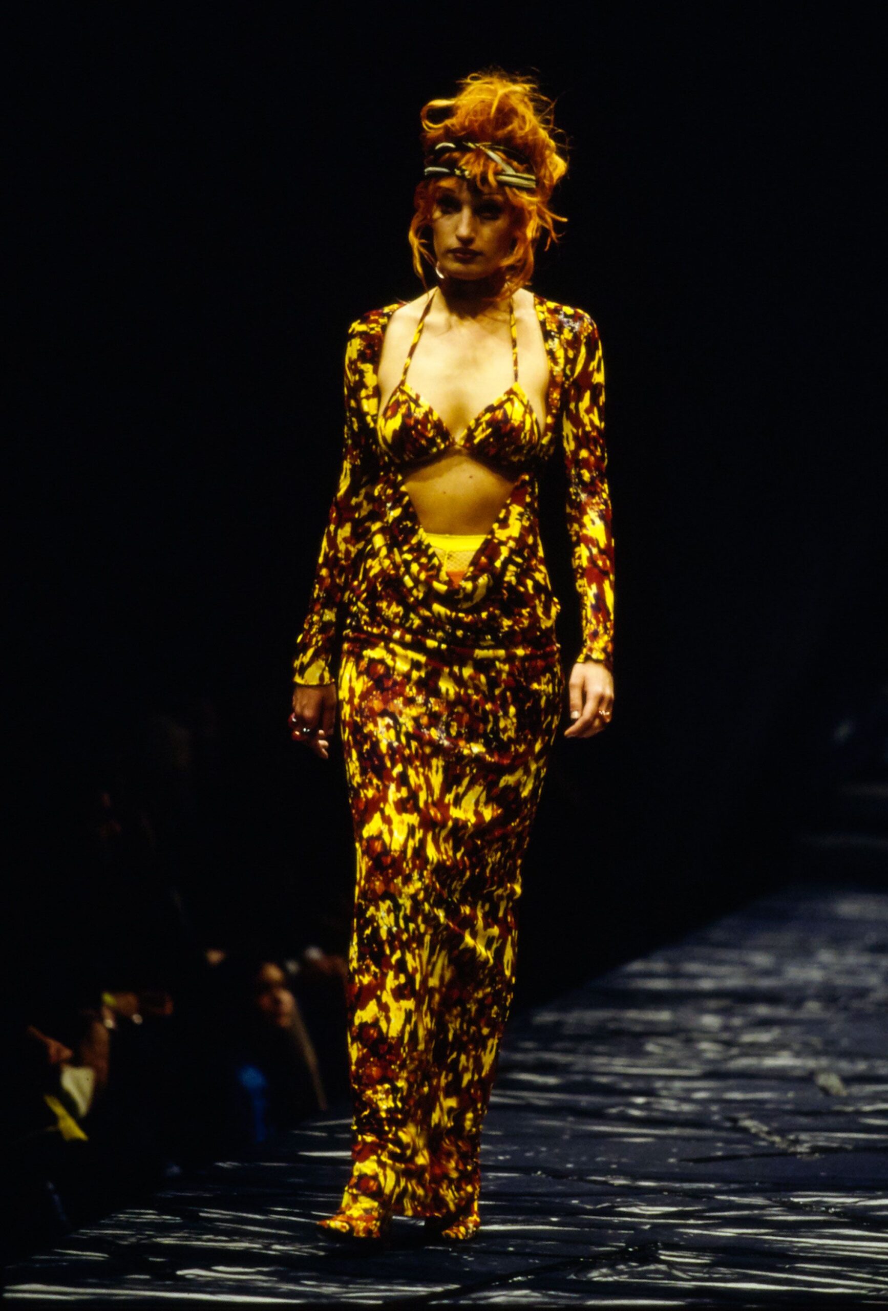 ruched yellow red orange crop-top and skirt