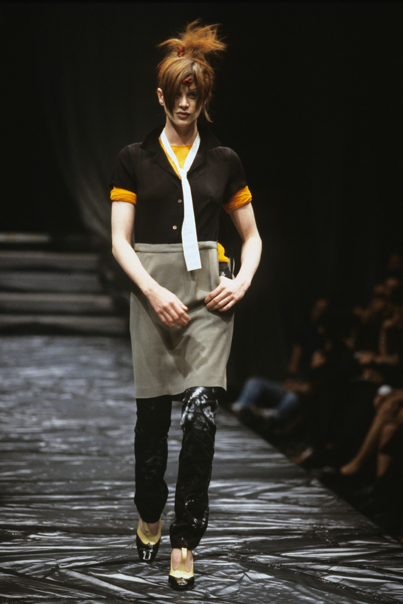 black and gray shirt-dress with vinyl pants