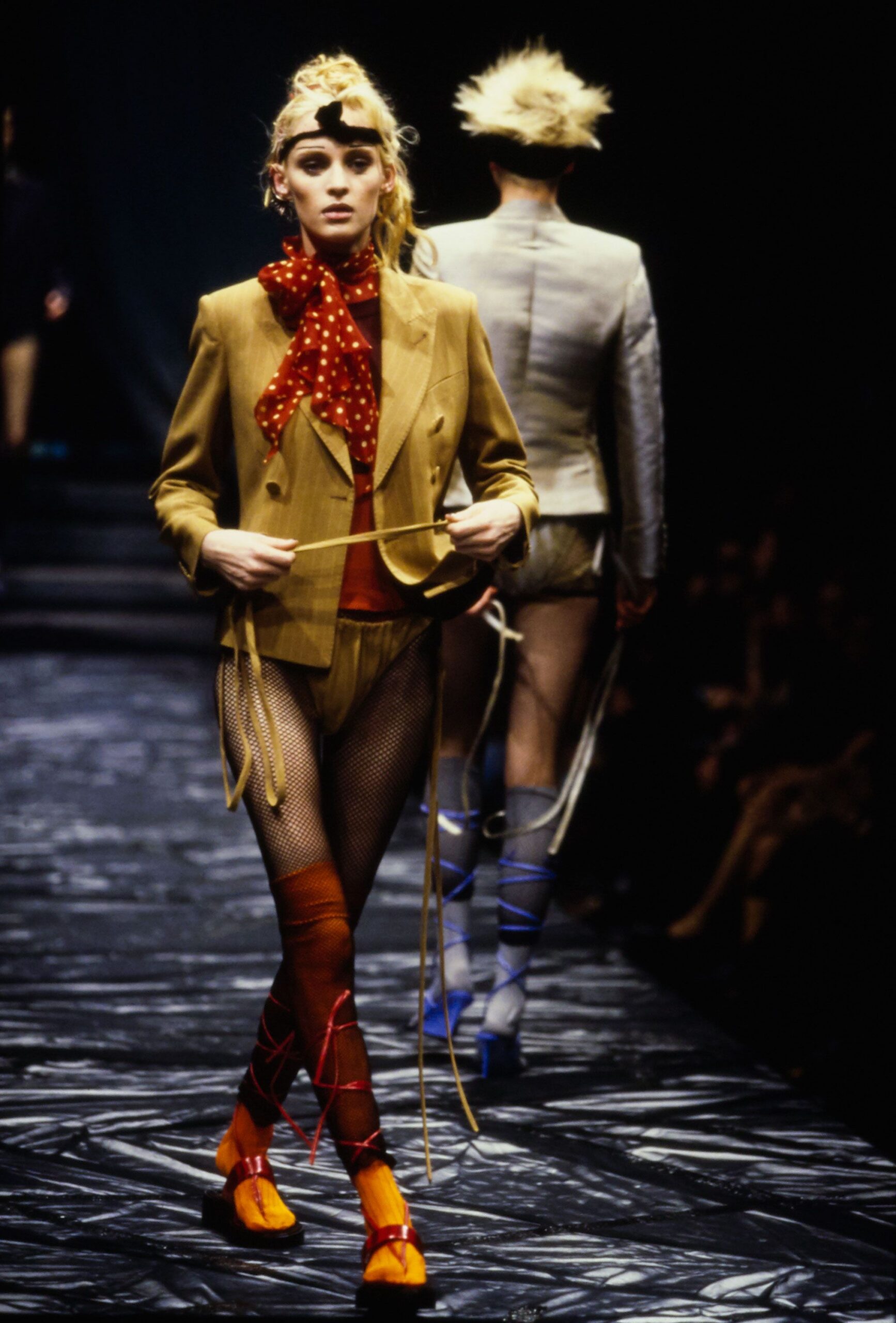 beige blazer with red silk top