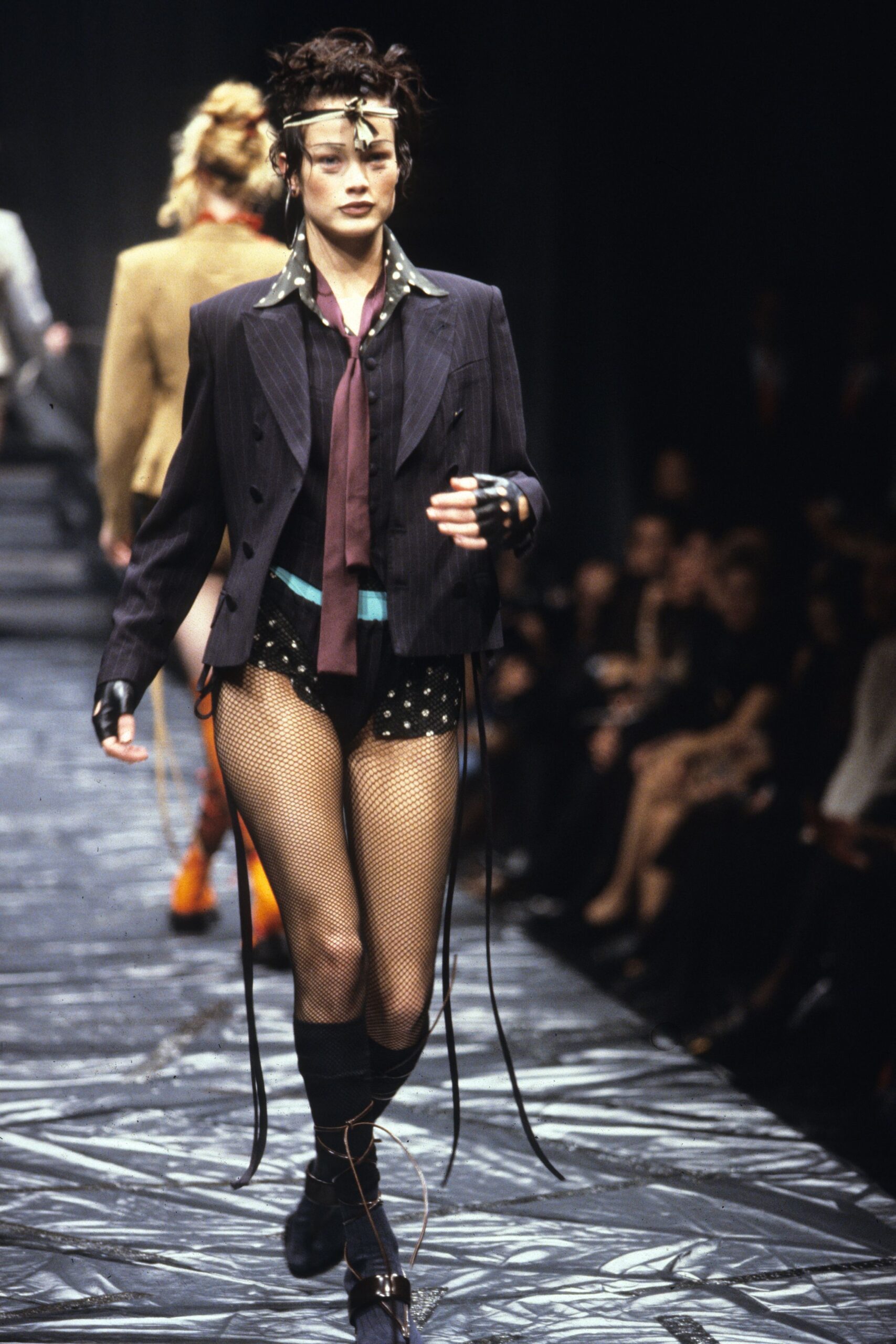 black tailored blazer with polka-dot shirt