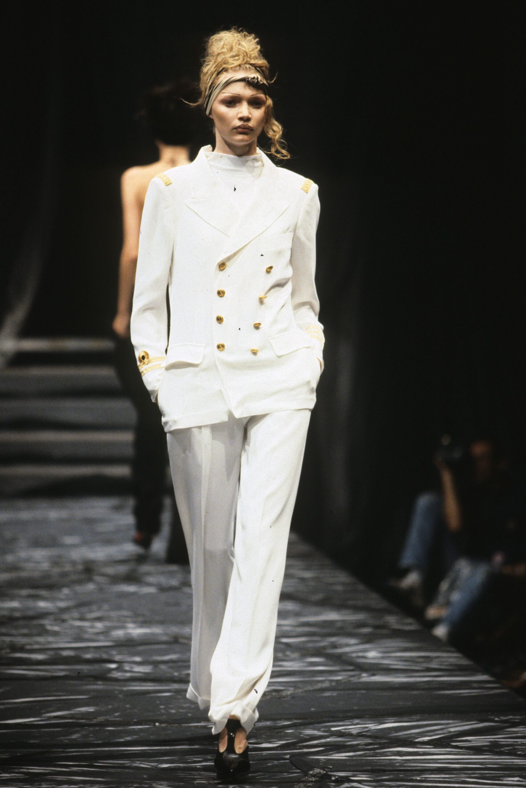 white tailored suit with heels