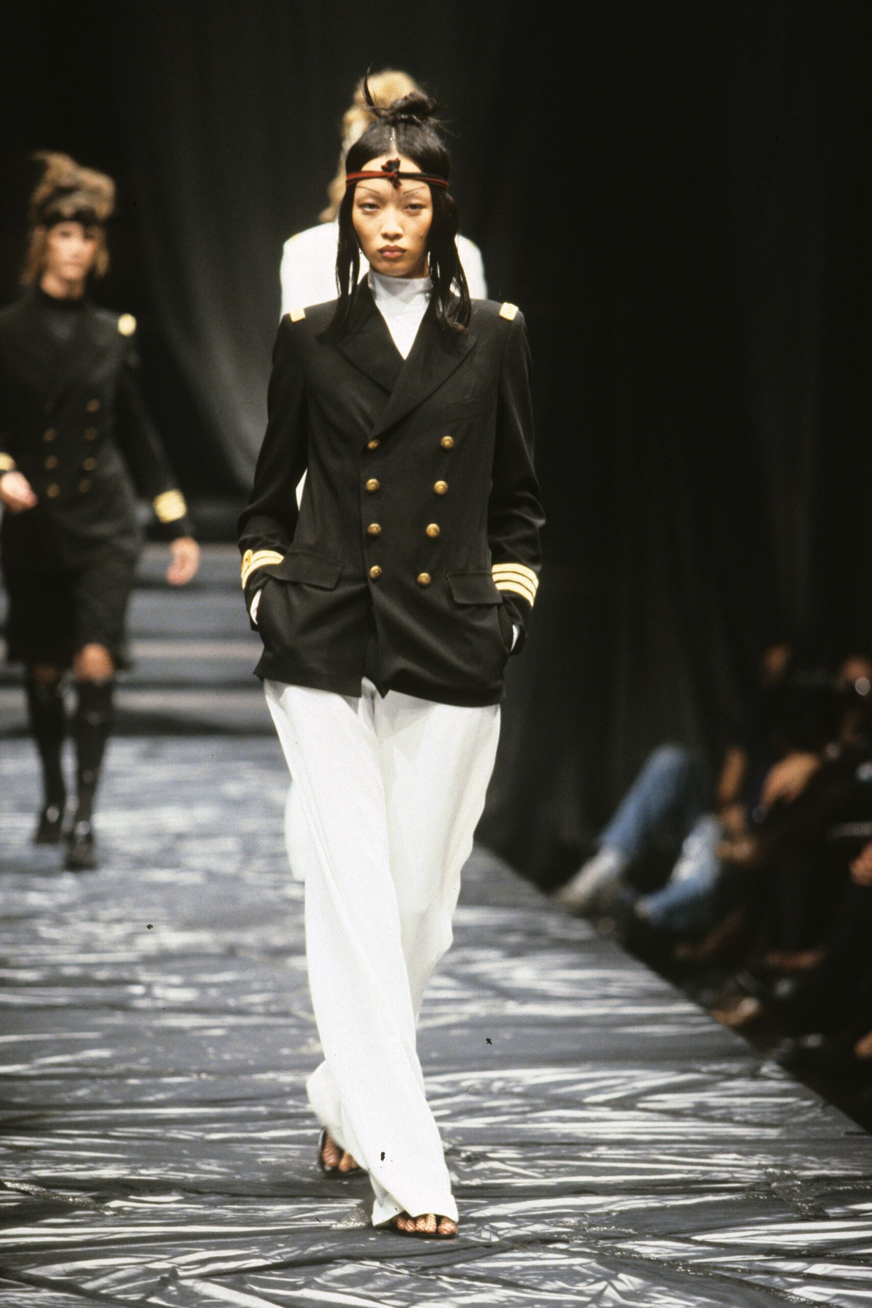 black tailored blazer with white pants