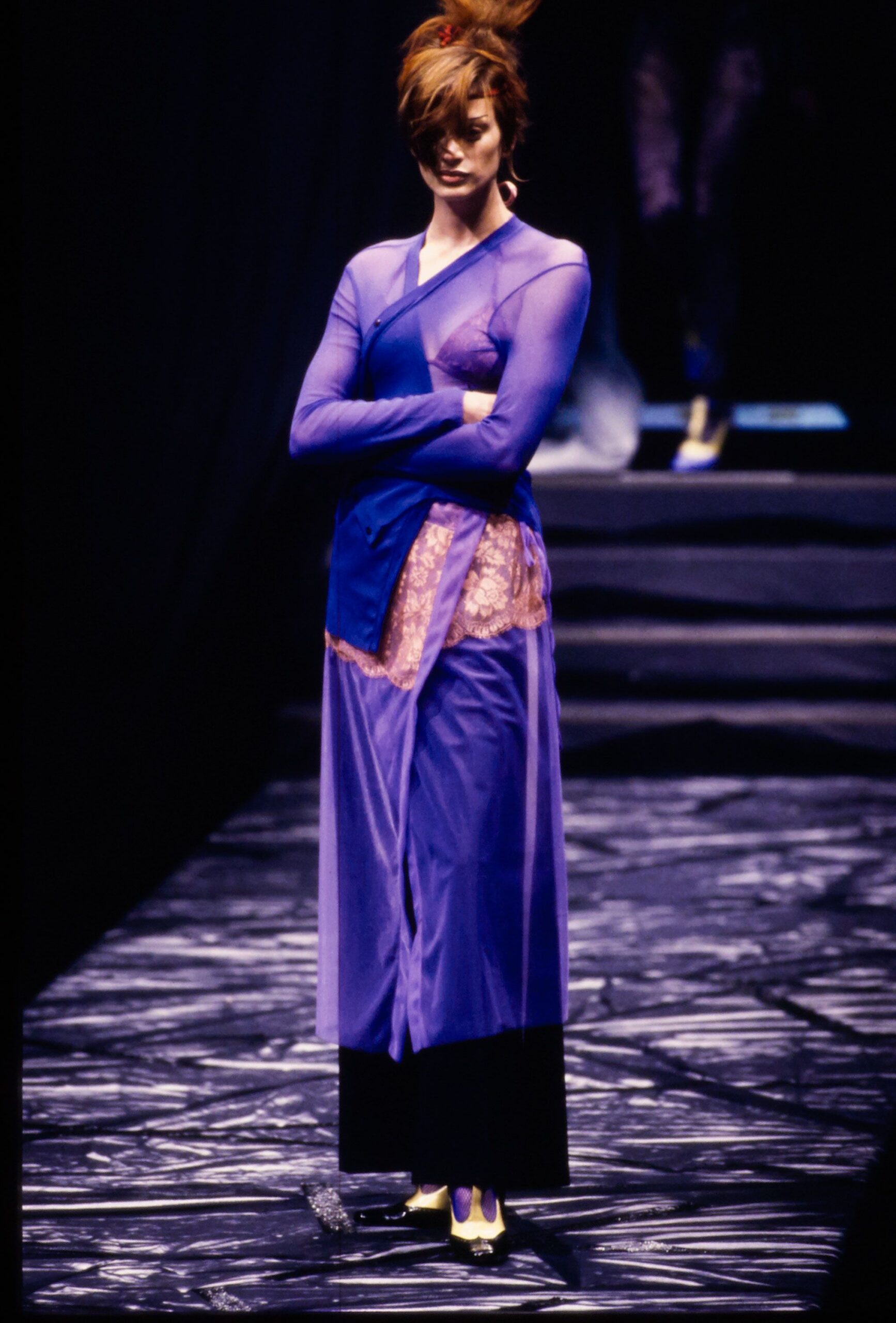 purple layered maxi dress with black pants