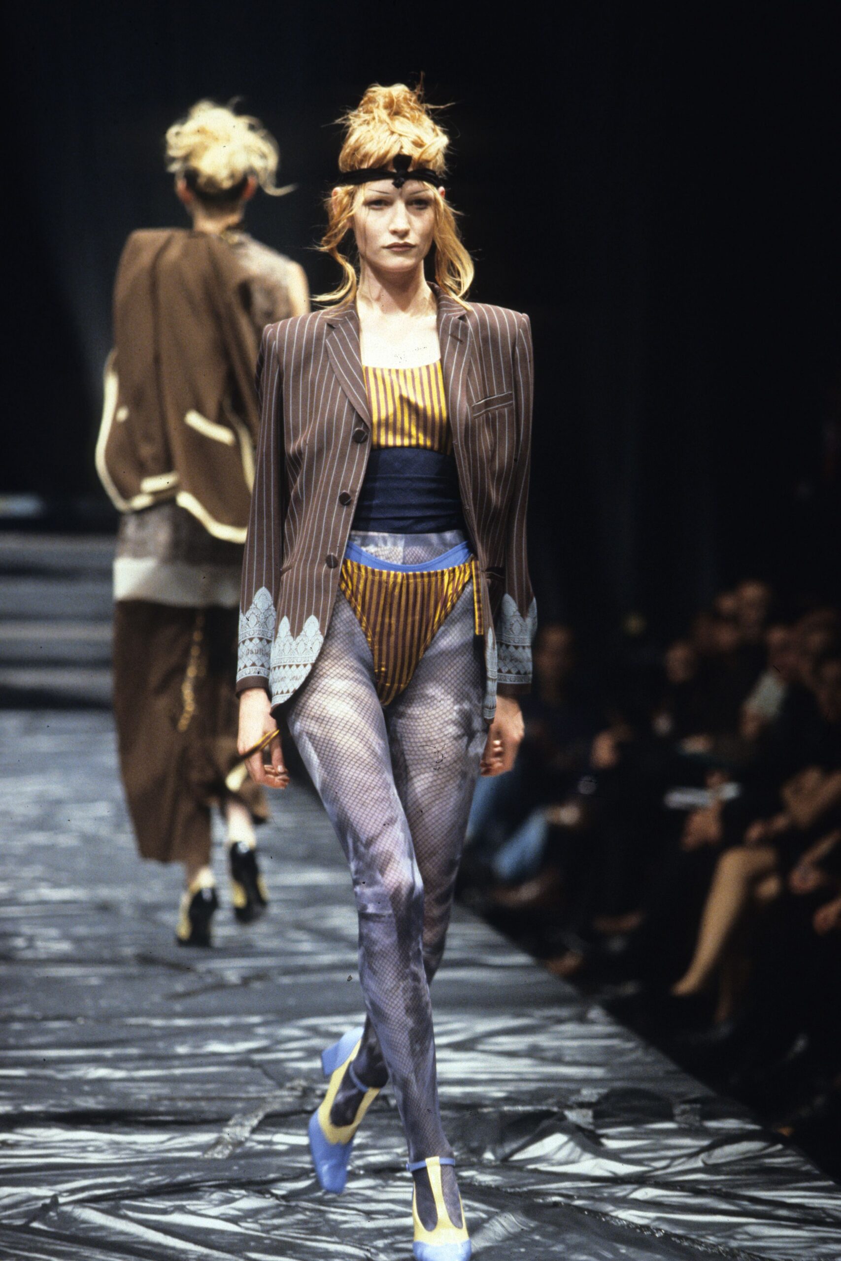 brown striped blazer with bodysuit