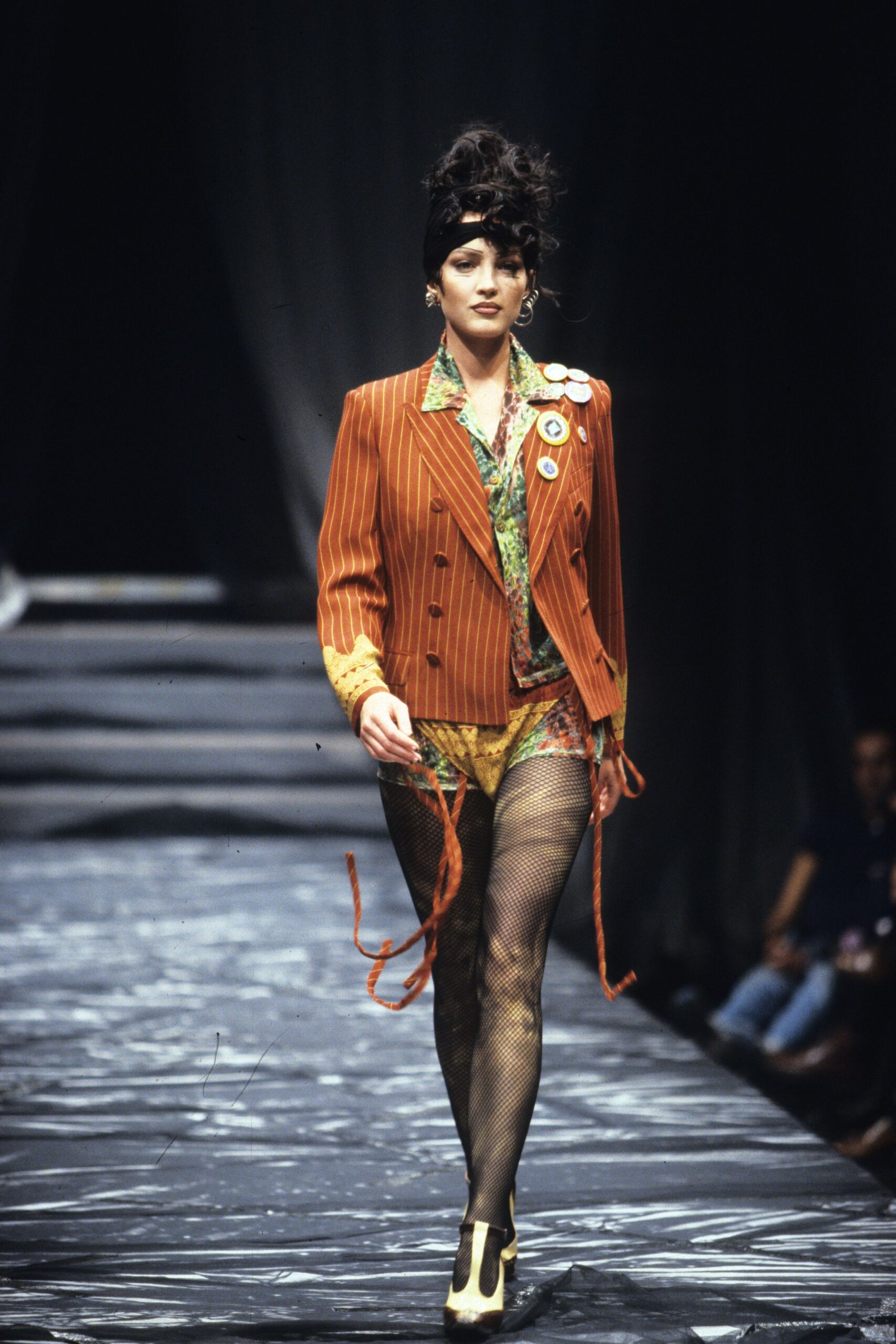 orange cotton long-sleeve collared tailored striped buttoned blazer