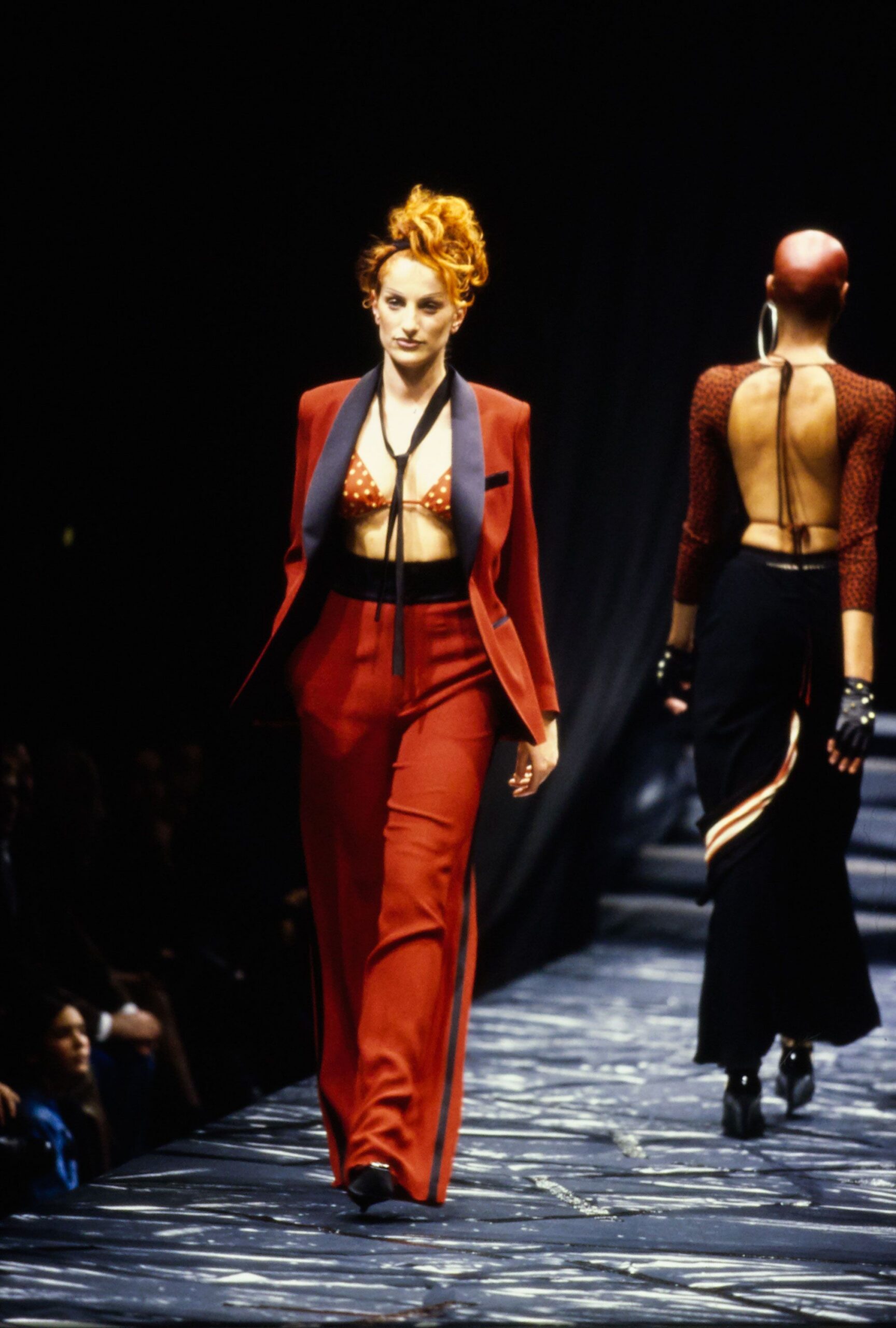 red silk fitted suit with bustier