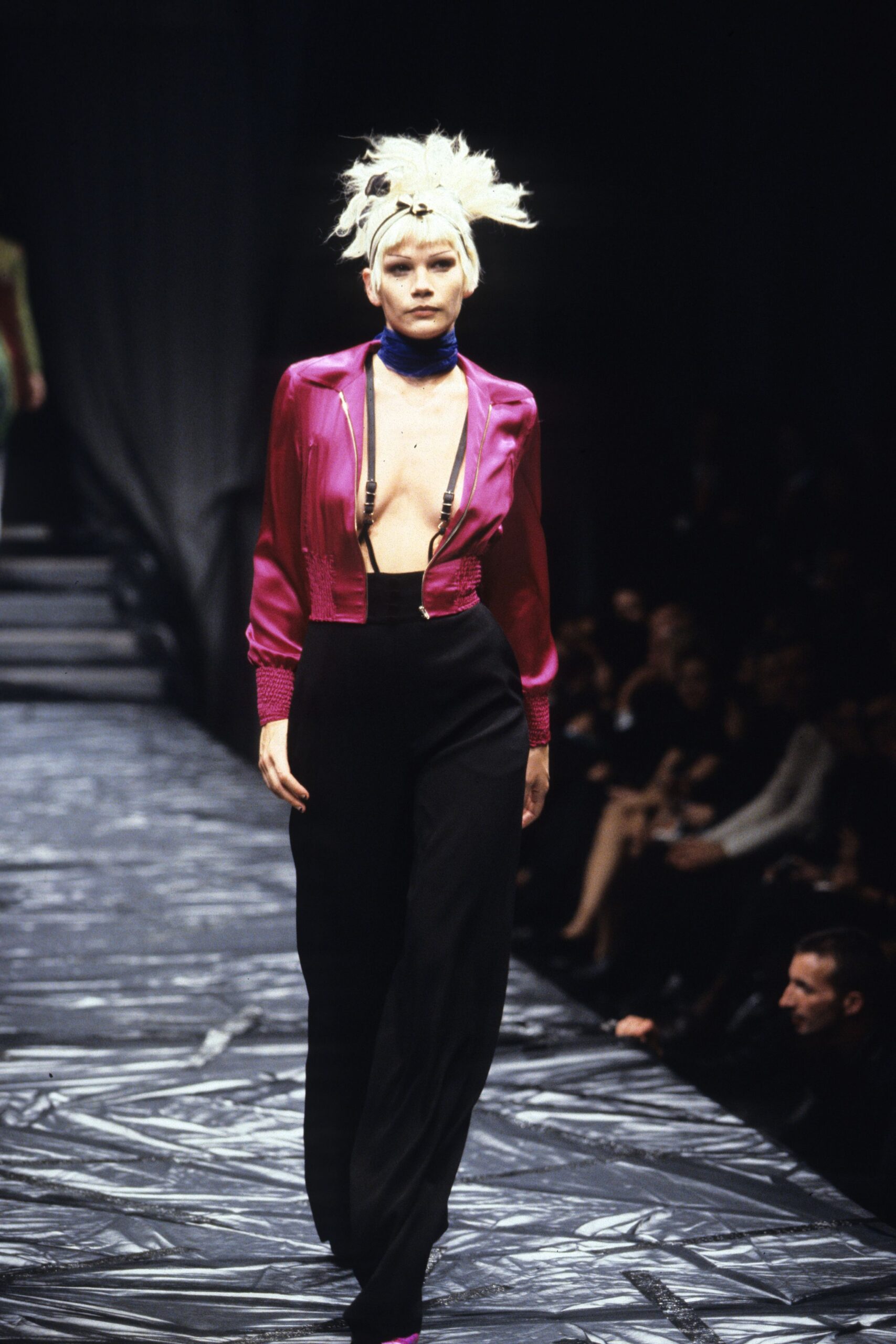 pink silk blouse with black pants