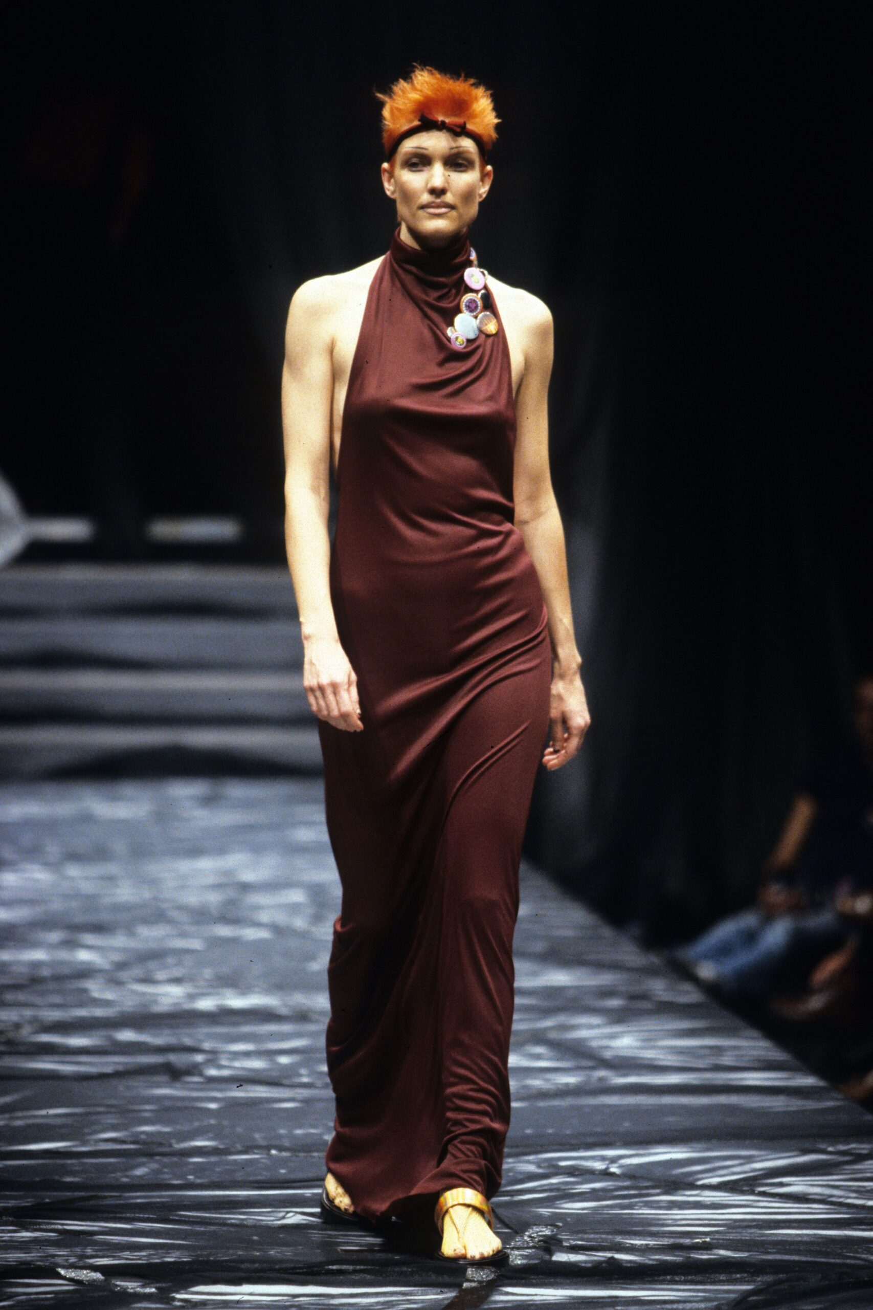 maroon silk sleeveless gown