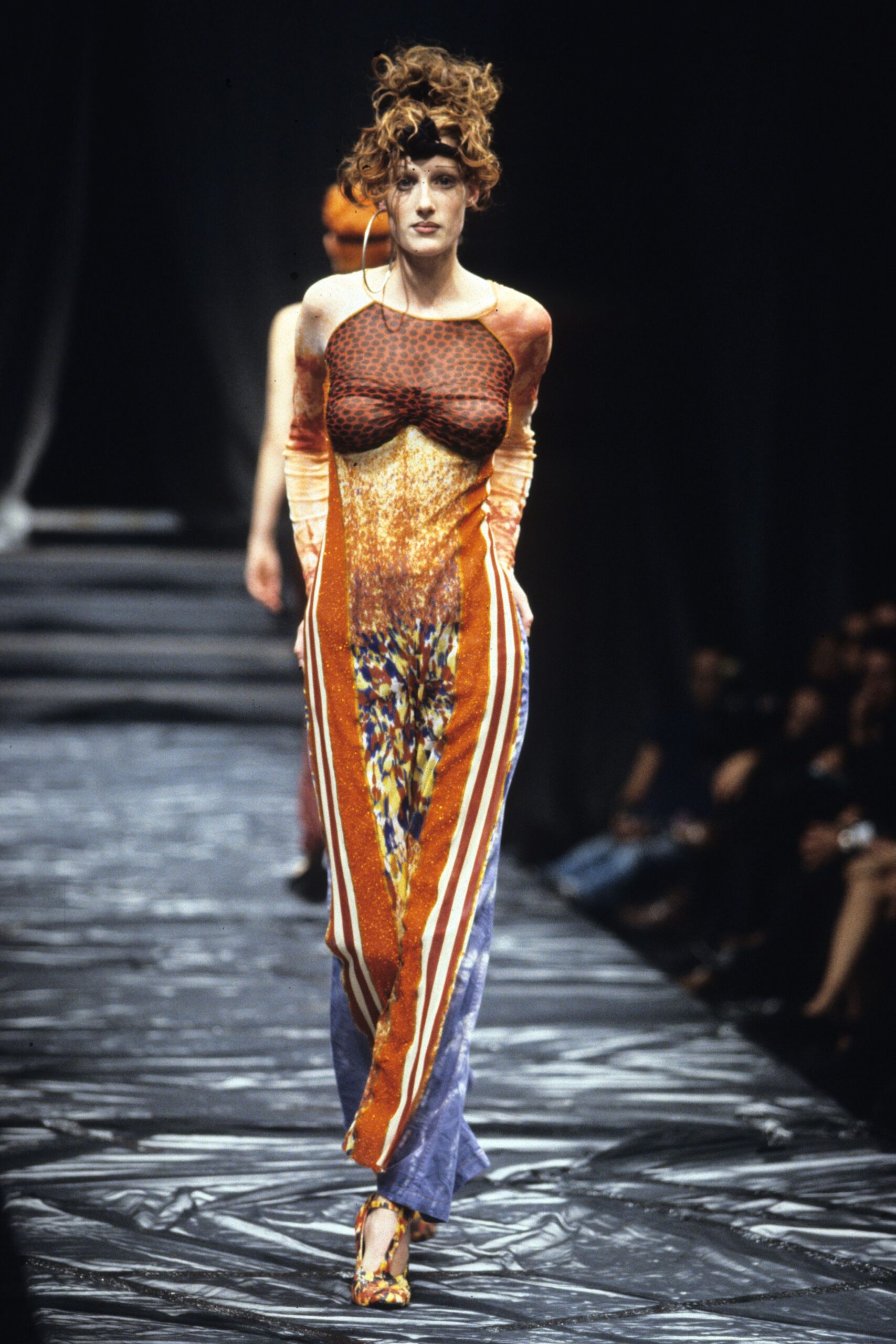 colorful printed maxi gown with embellished shoes