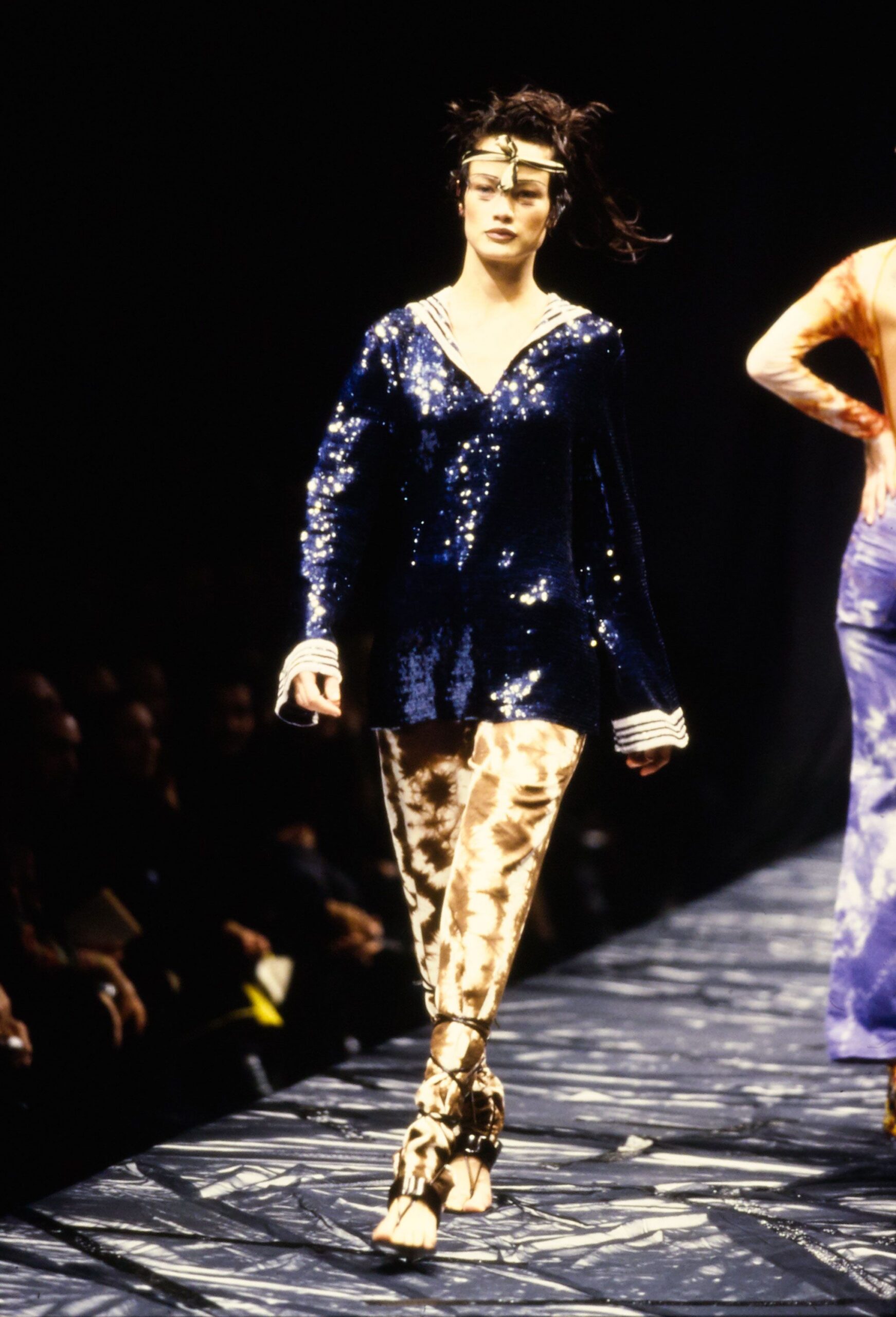 blue sequin top with printed pants