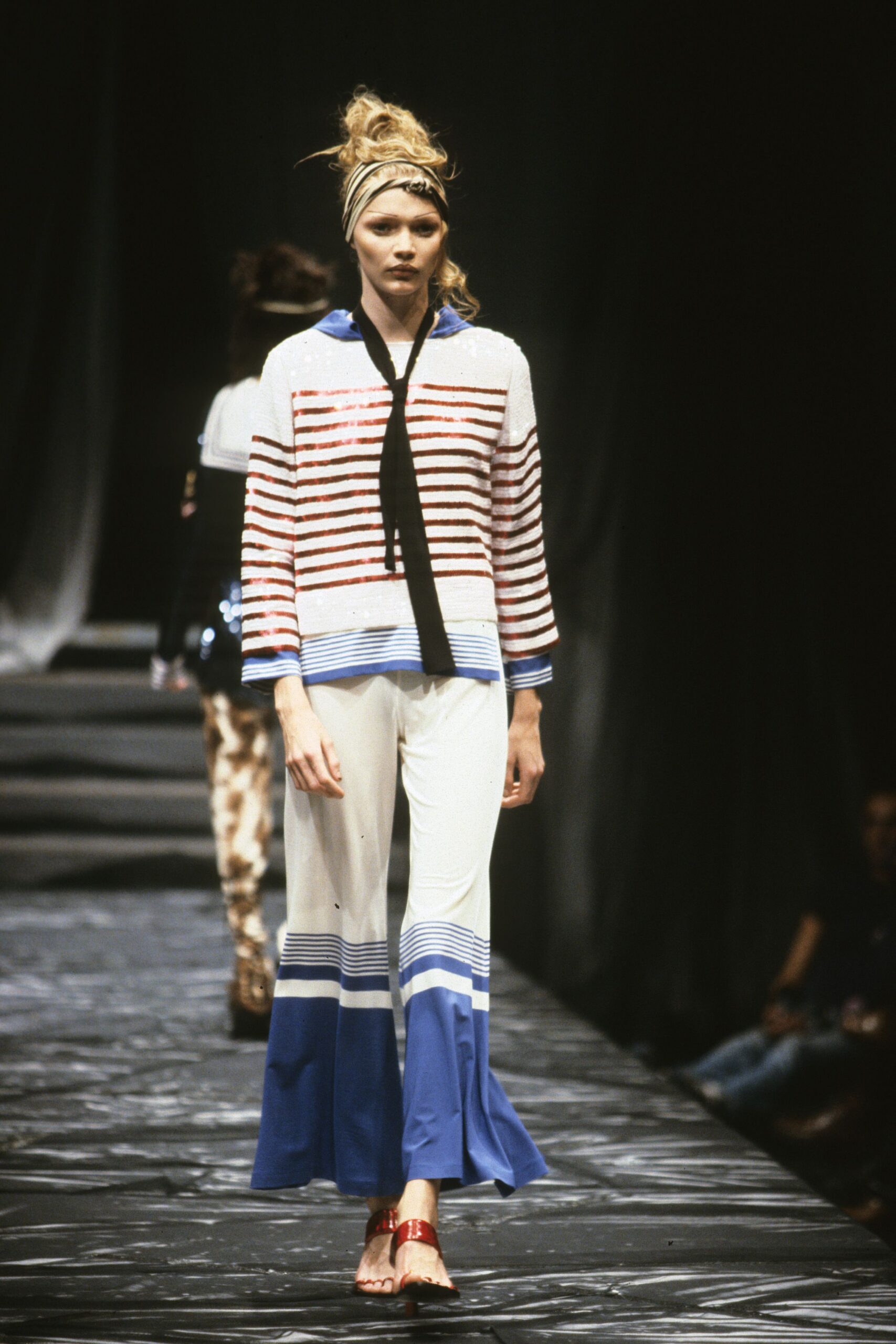 striped top with flared pants
