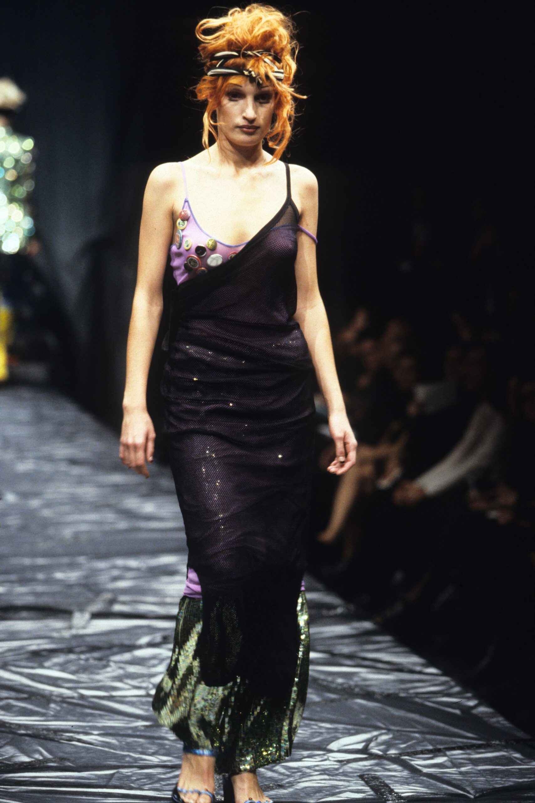 black purple green draped maxi dress