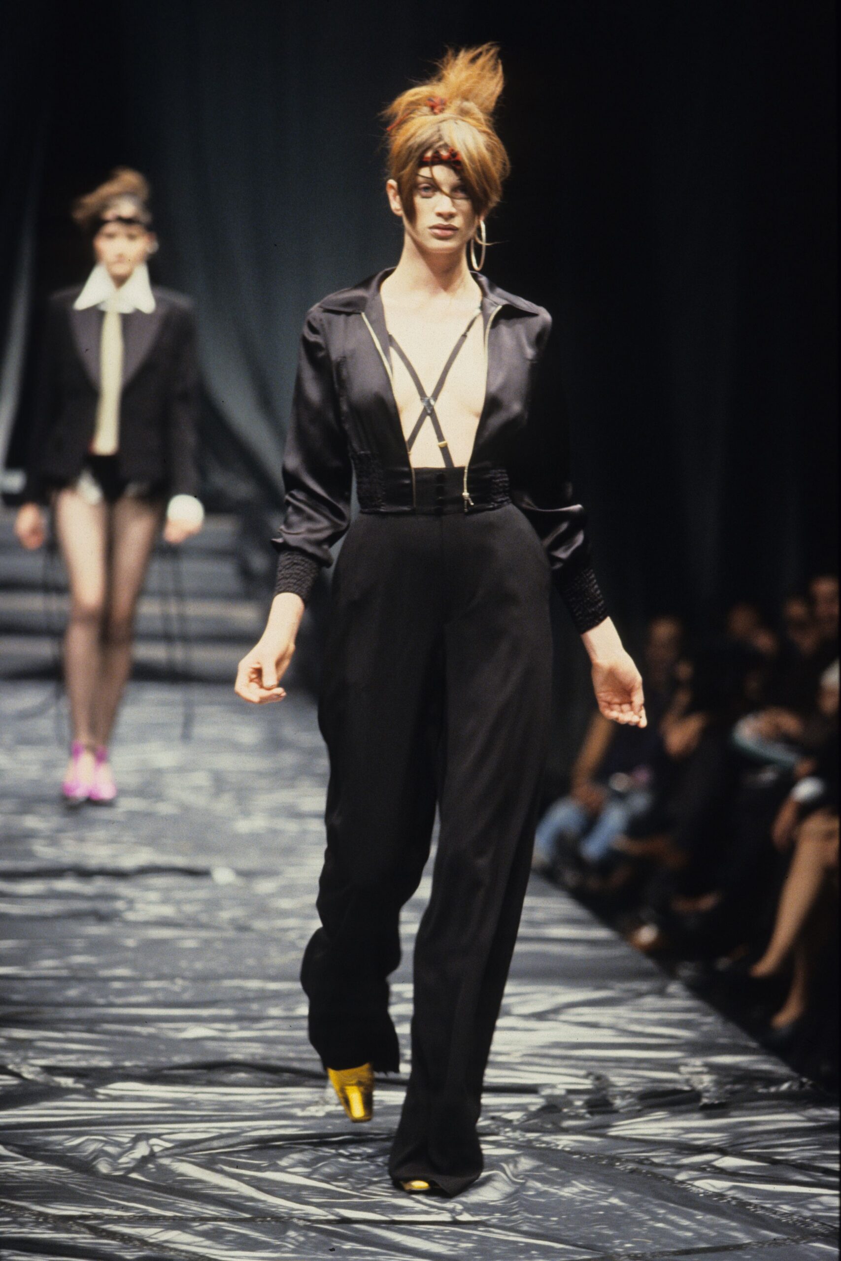 black silk long-sleeve v-neck fitted zippered jumpsuit