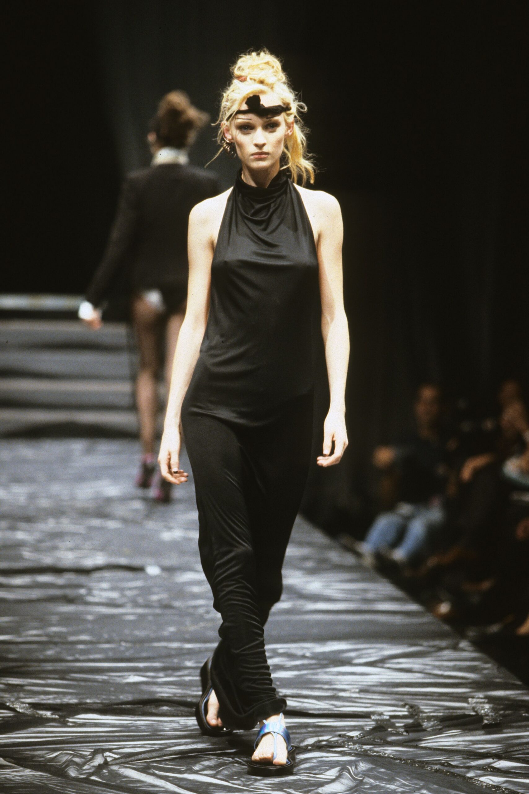 black cotton sleeveless high-neck fitted jumpsuit
