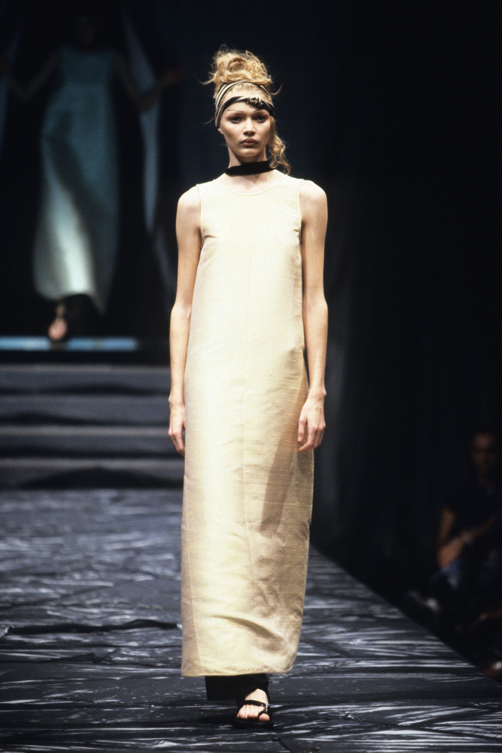 beige fitted sleeveless gown