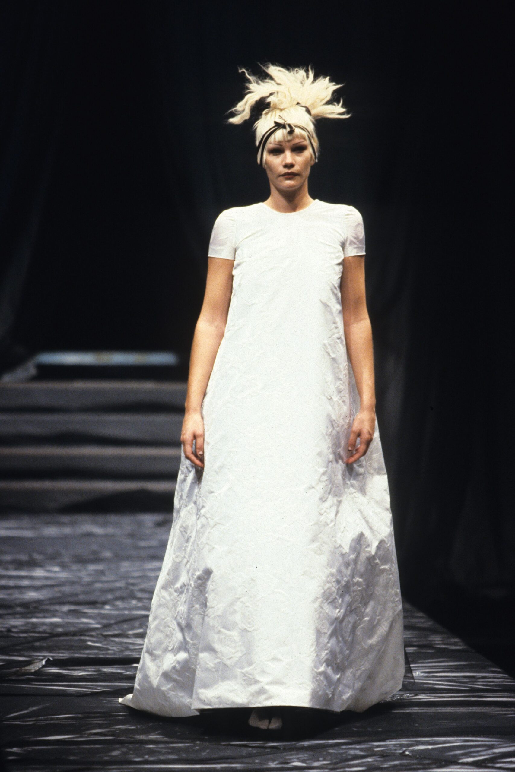 white silk pleated gown