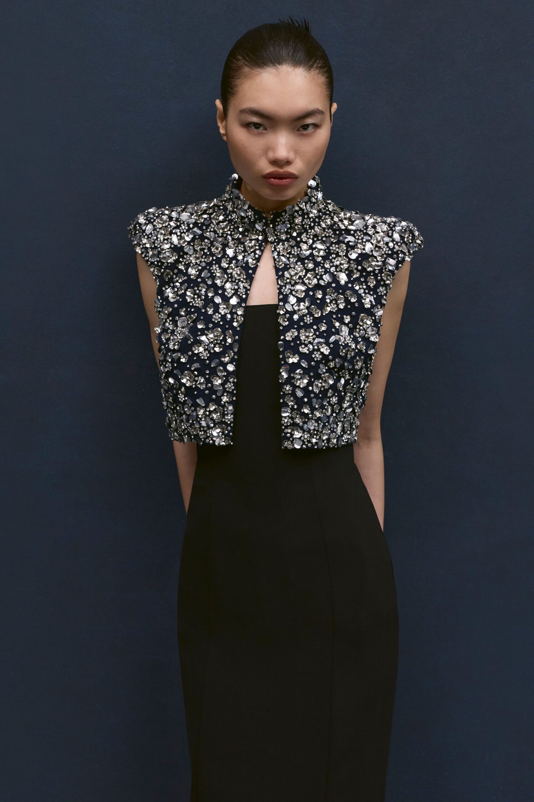 blue silk sleeveless structured embellished jacket