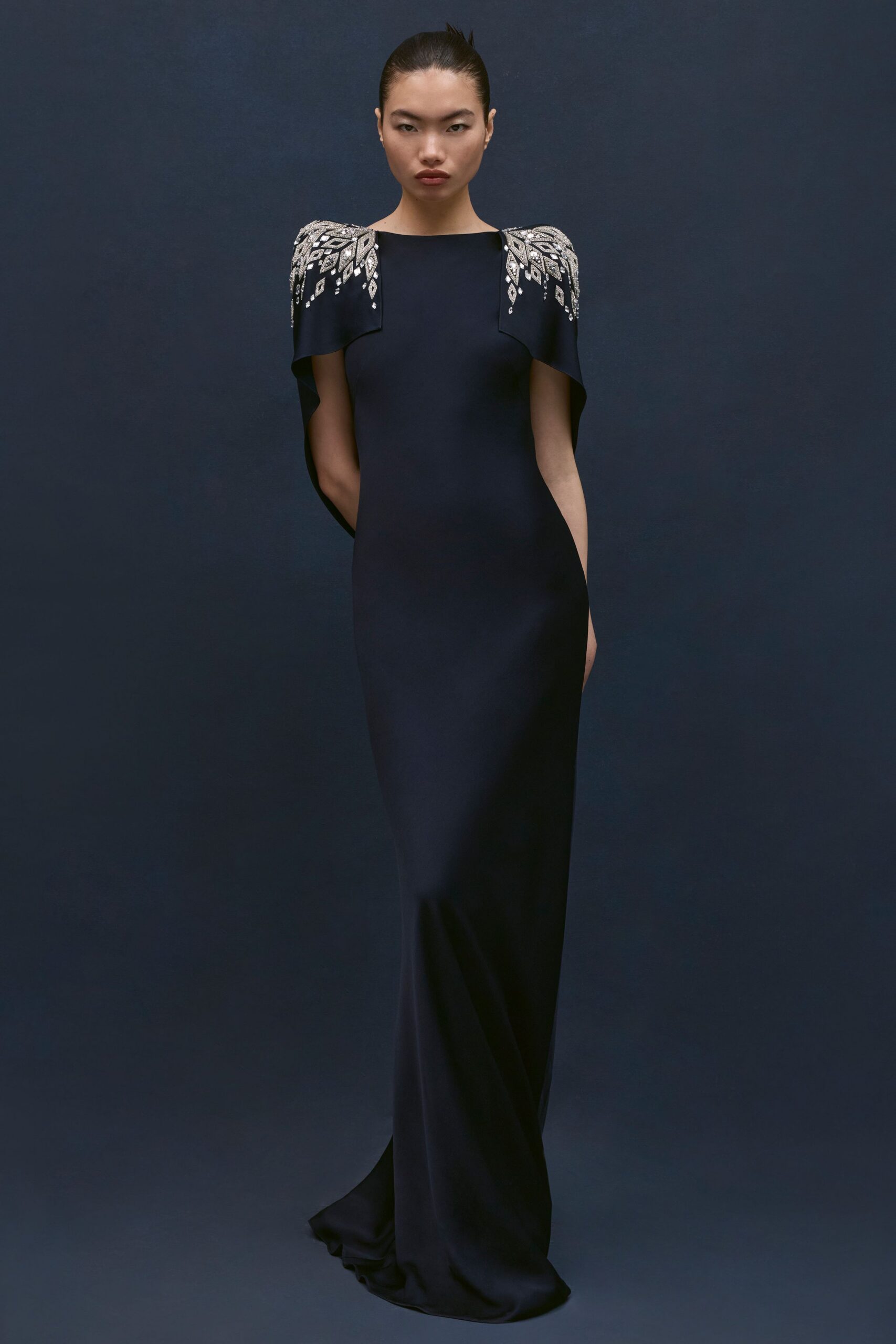 black silk embroidered gown