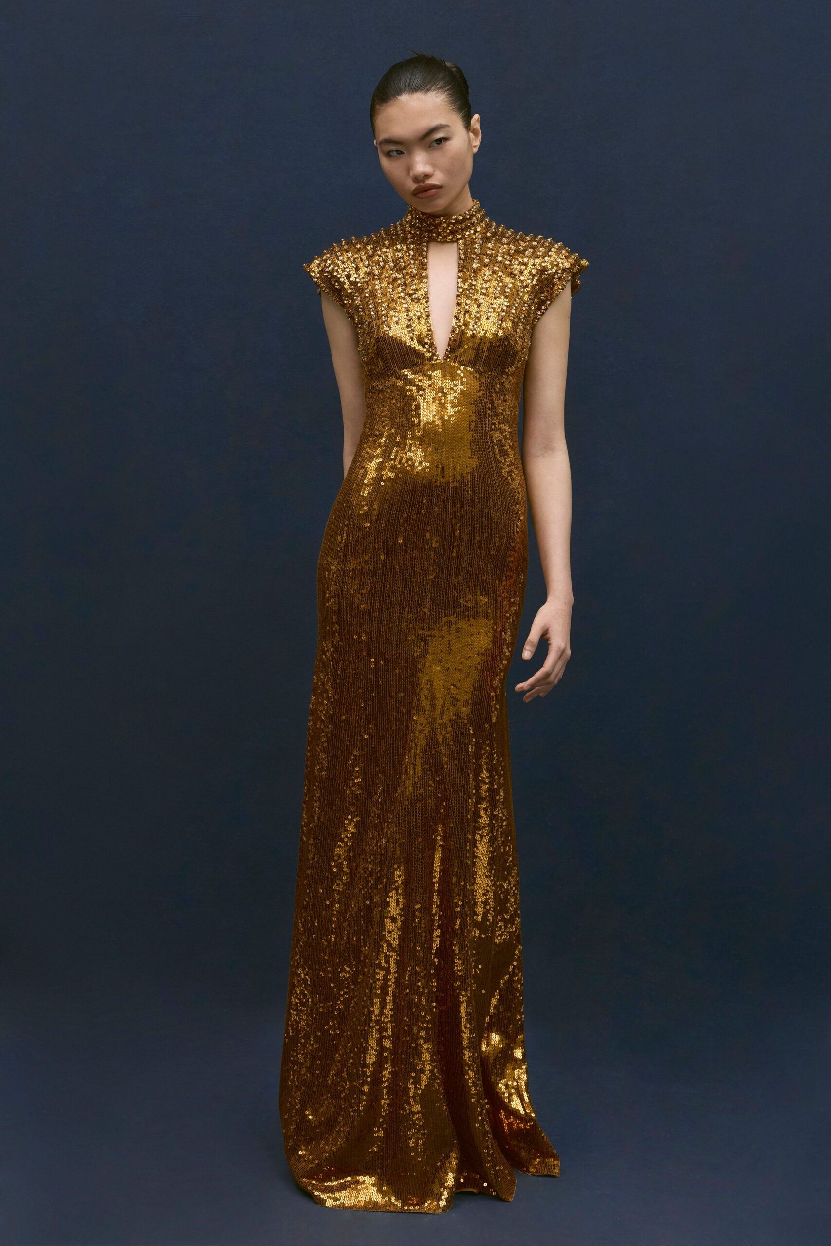 gold sequin sleeveless gown