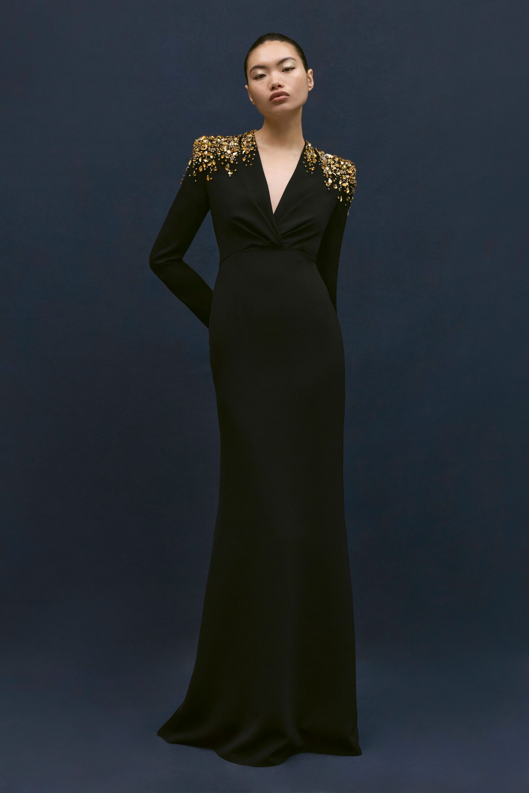black silk embellished gown