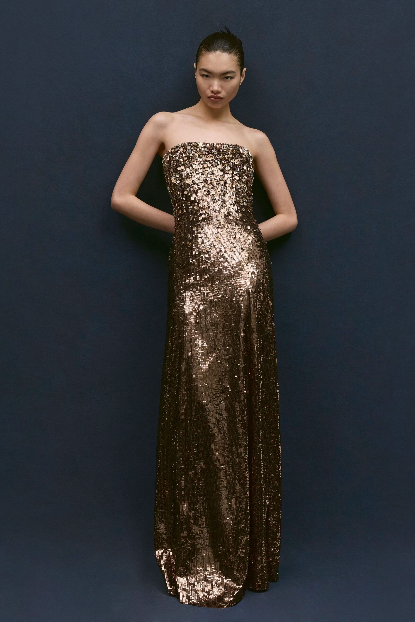 brown sequin strapless gown