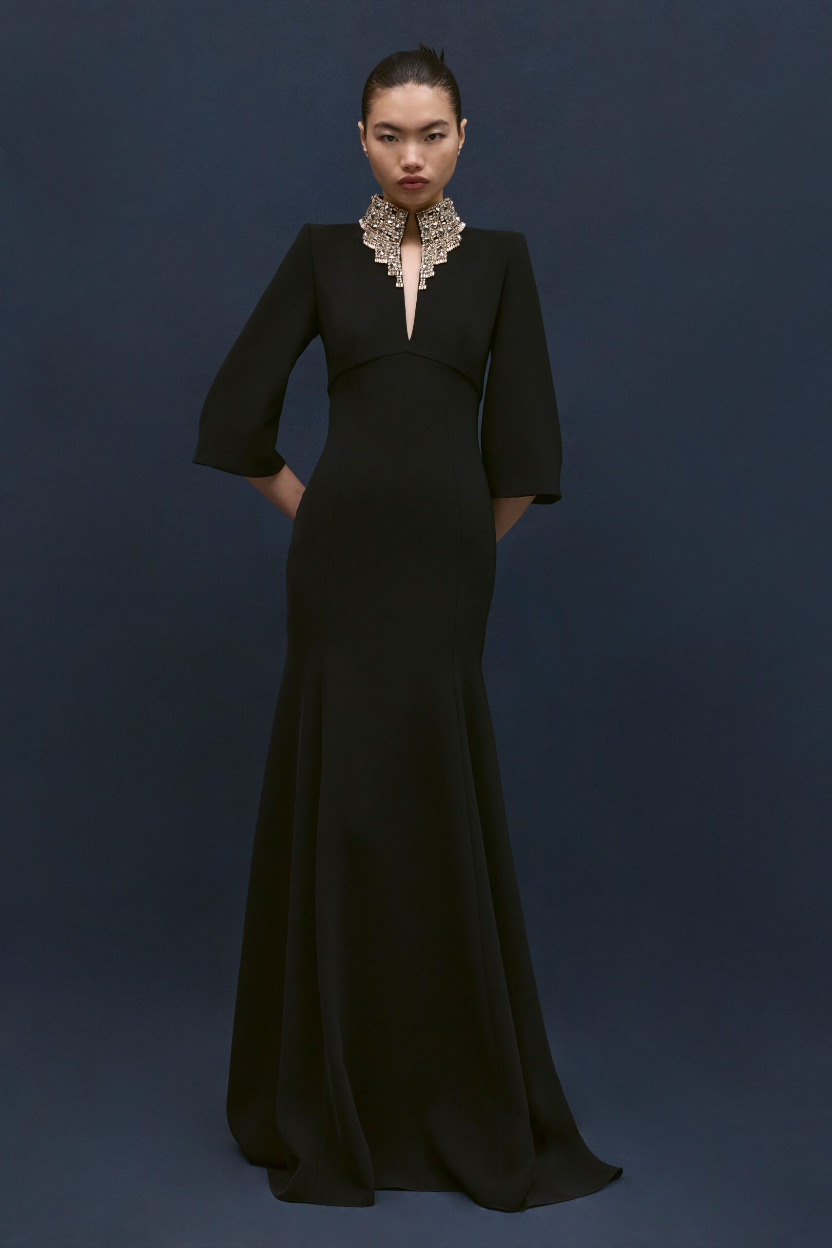black silk fitted gown