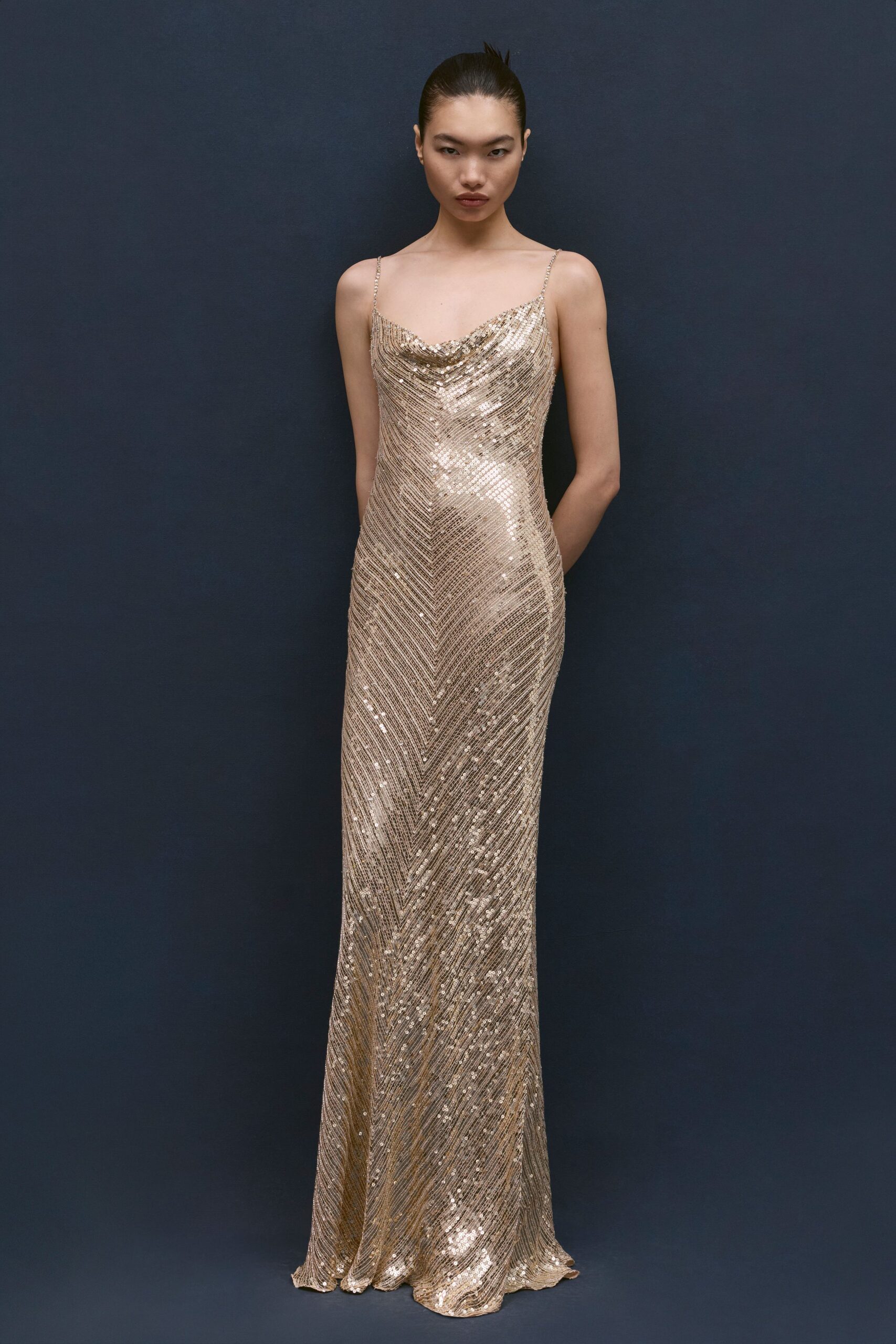 gold sequined sleeveless gown