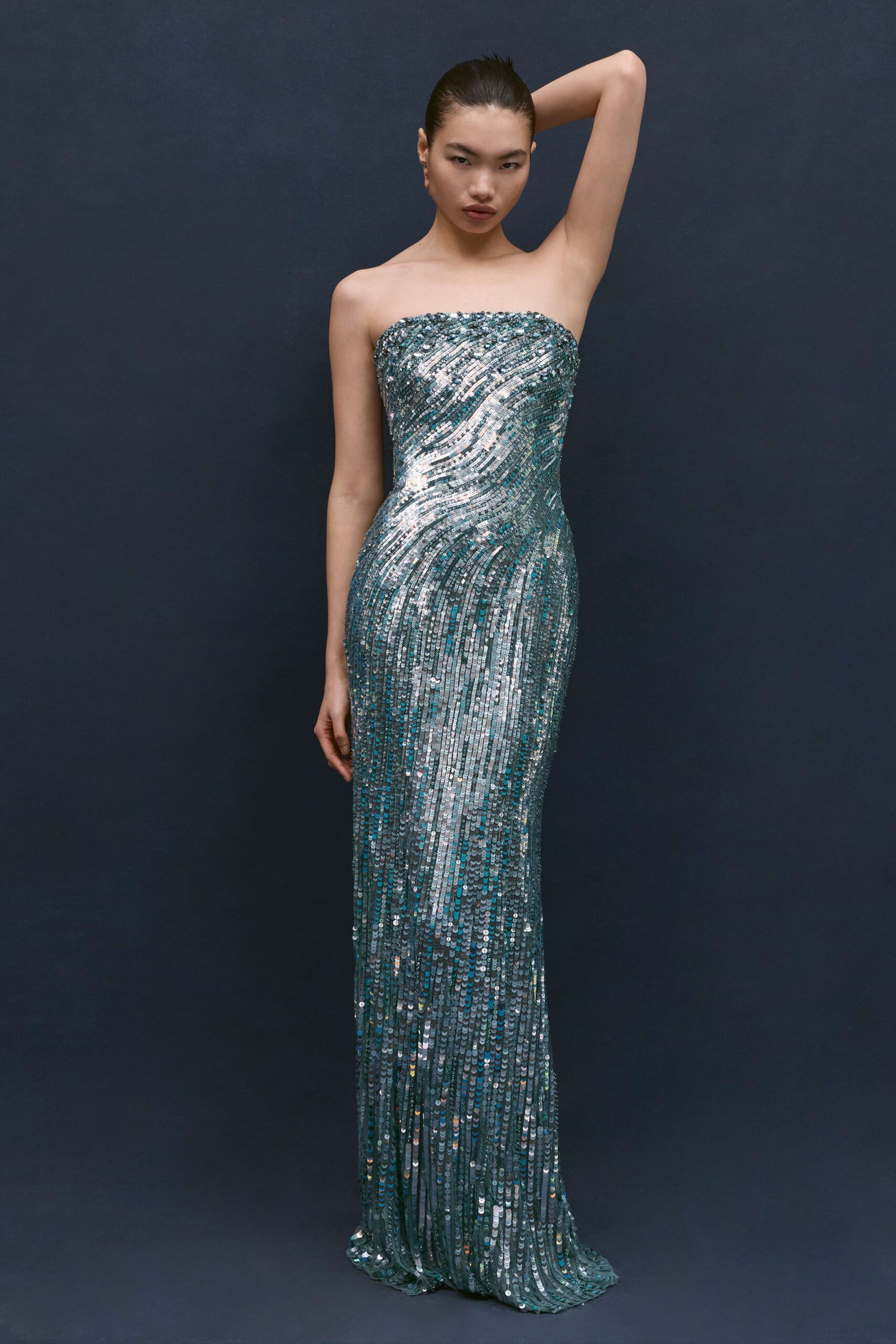 blue green sequined strapless gown