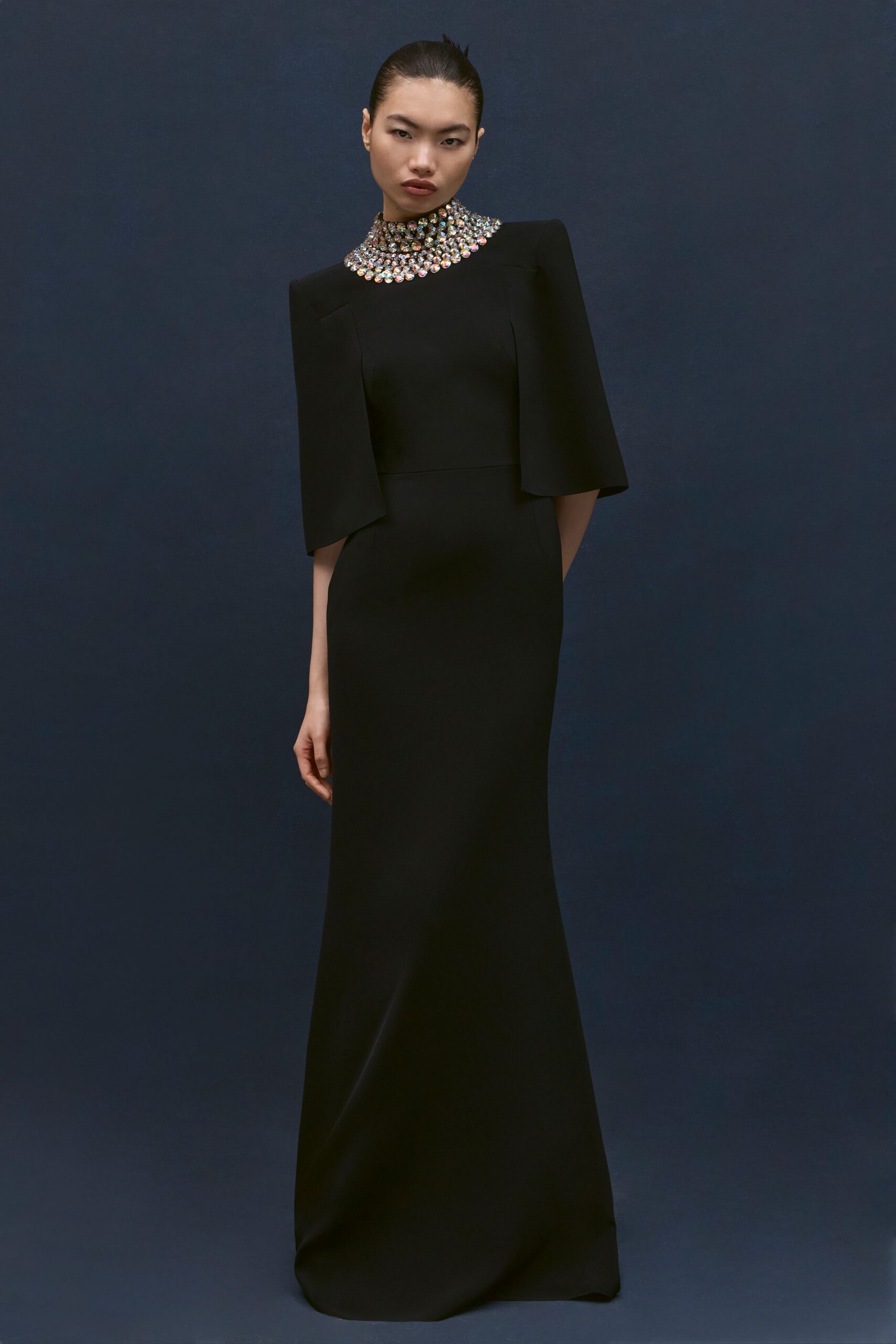 black silk embellished gown