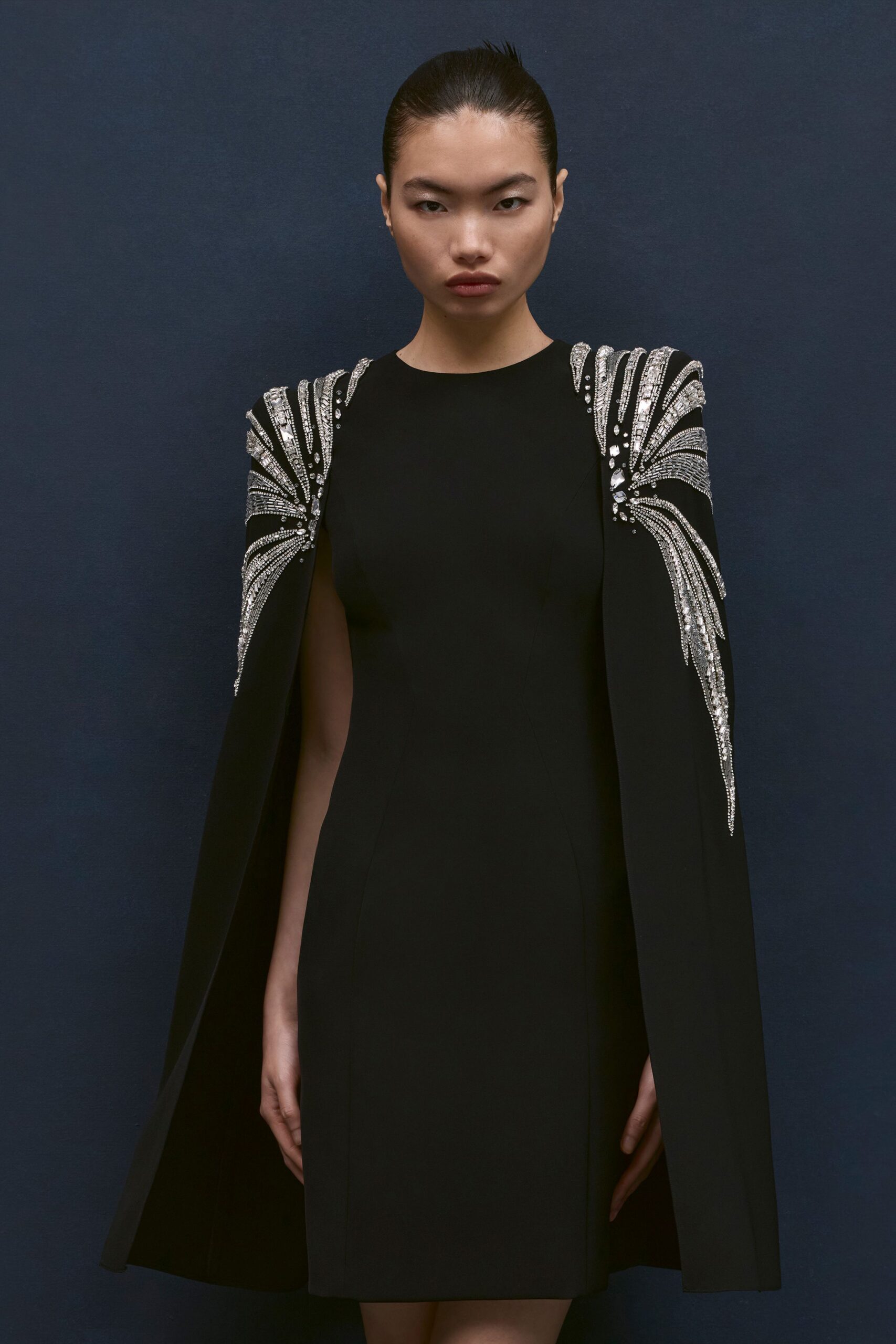 black silk sleeveless high-neck fitted embellished mini dress