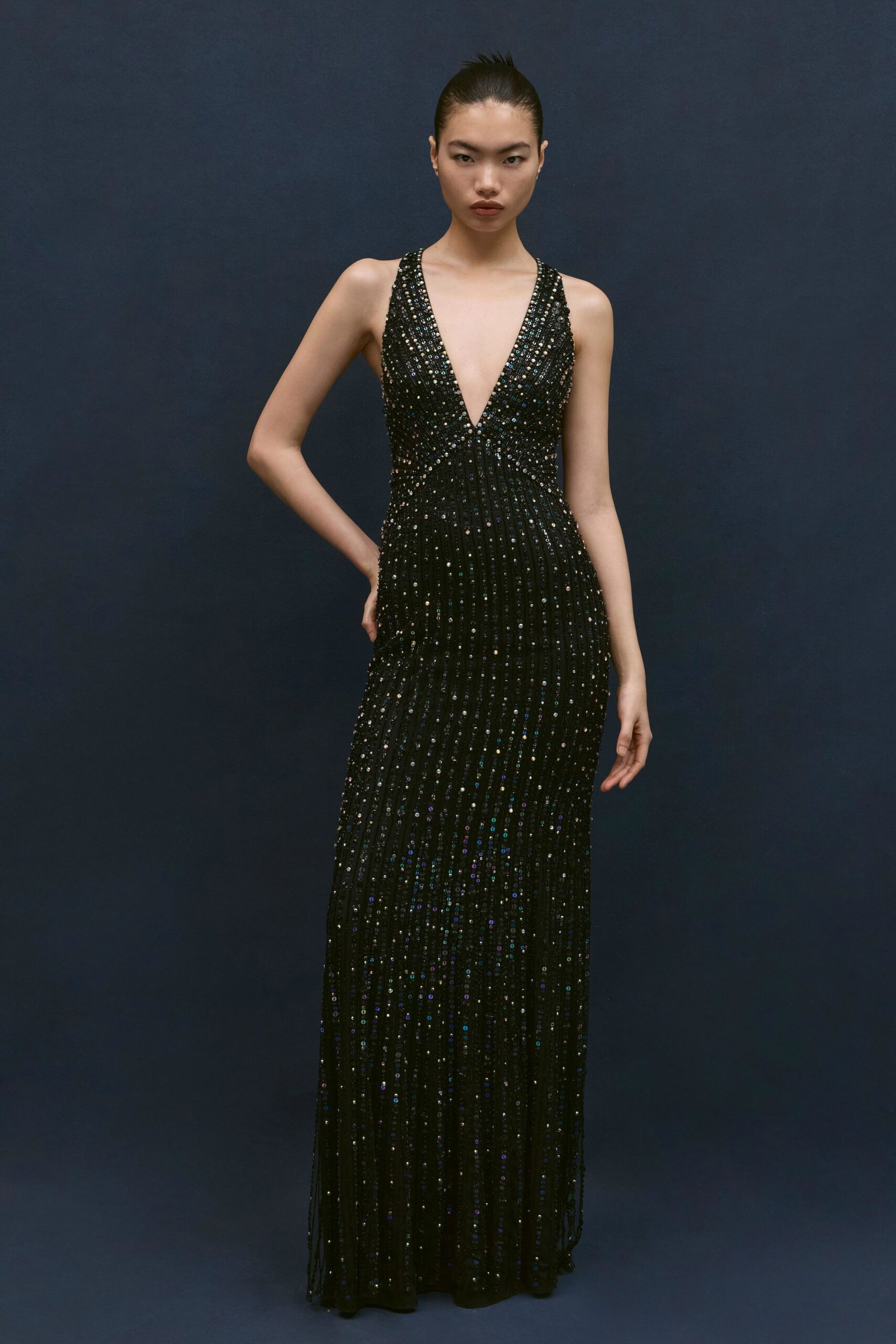 black beaded sleeveless gown